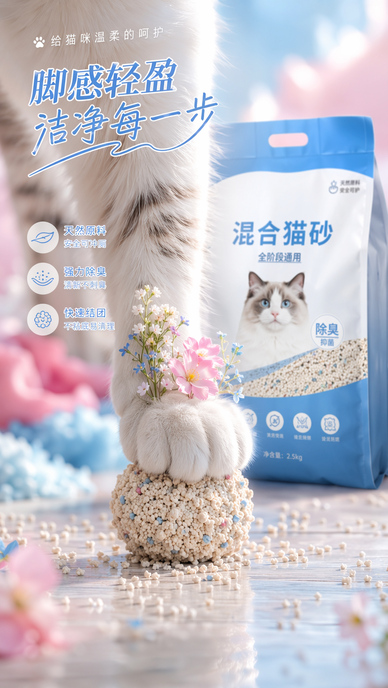 电商海报,商业级,猫砂海报,前景是站立在地板上猫脚特写,猫脚踩着一个猫砂球,猫的脚背趾缝上插着几朵小花,后面有一袋蓝白配色的猫砂清晰可见,9:16,景深模糊,柔和明亮,整体色调是粉蓝配色