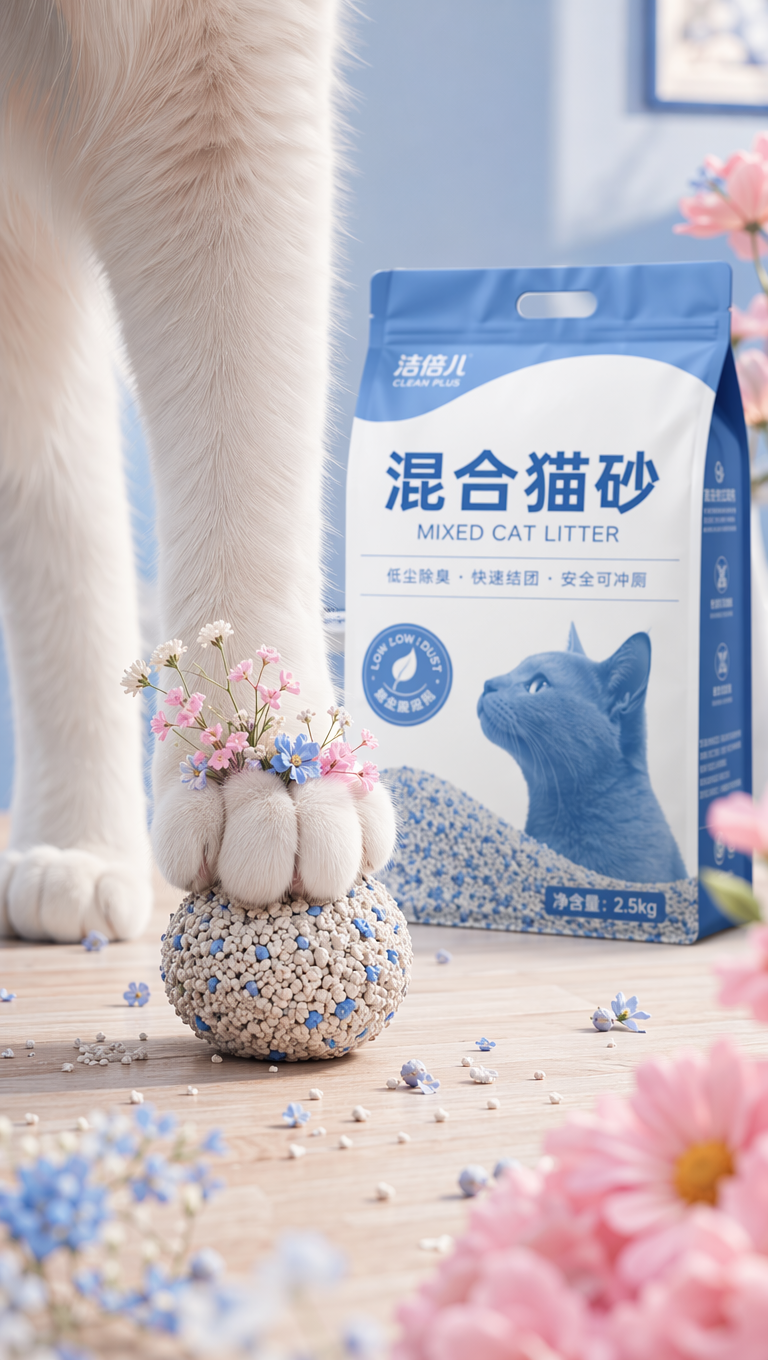 电商海报,商业级,猫砂海报,前景是站立在地板上猫脚特写,猫脚踩着一个猫砂球,猫的脚背趾缝上插着几朵小花,后面有一袋蓝白配色的猫砂清晰可见,9:16,景深模糊,柔和明亮,整体色调是粉蓝配色