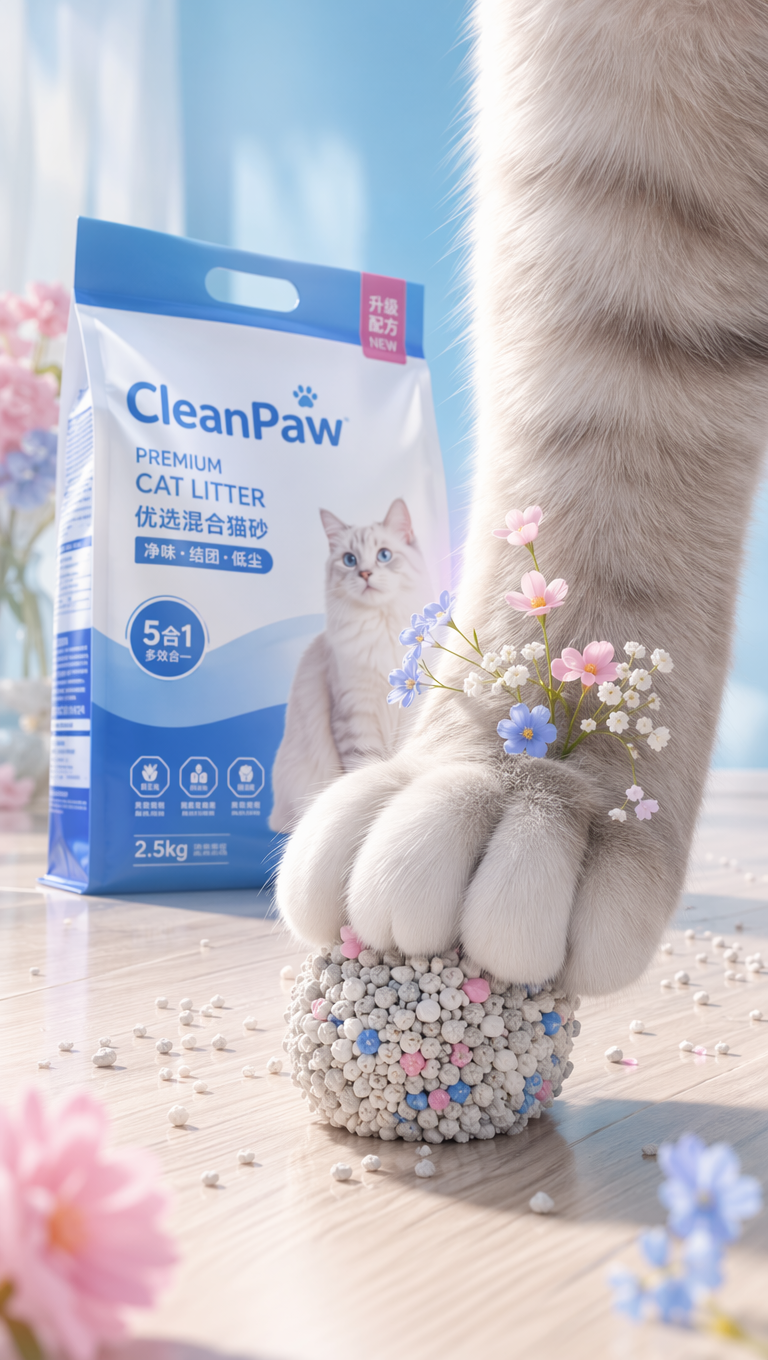 电商海报,商业级,猫砂海报,前景是站立在地板上猫脚特写,猫脚踩着一个猫砂球,猫的脚背趾缝上插着几朵小花,后面有一袋蓝白配色的猫砂清晰可见,9:16,景深模糊,柔和明亮,整体色调是粉蓝配色