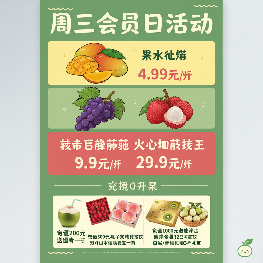 周三会员日活动
活动中果水仙芒4.99元/斤
枝串巨峰葡萄9.9元/斤
火山口荔枝王29.9元/斤
充值200元送椰青一只
充值500元送妃子笑荔枝礼盒或阳山水蜜桃礼盒一箱
充值1000元送佳沛金果12只礼盒或白玉/青种枇杷礼盒3斤礼盒