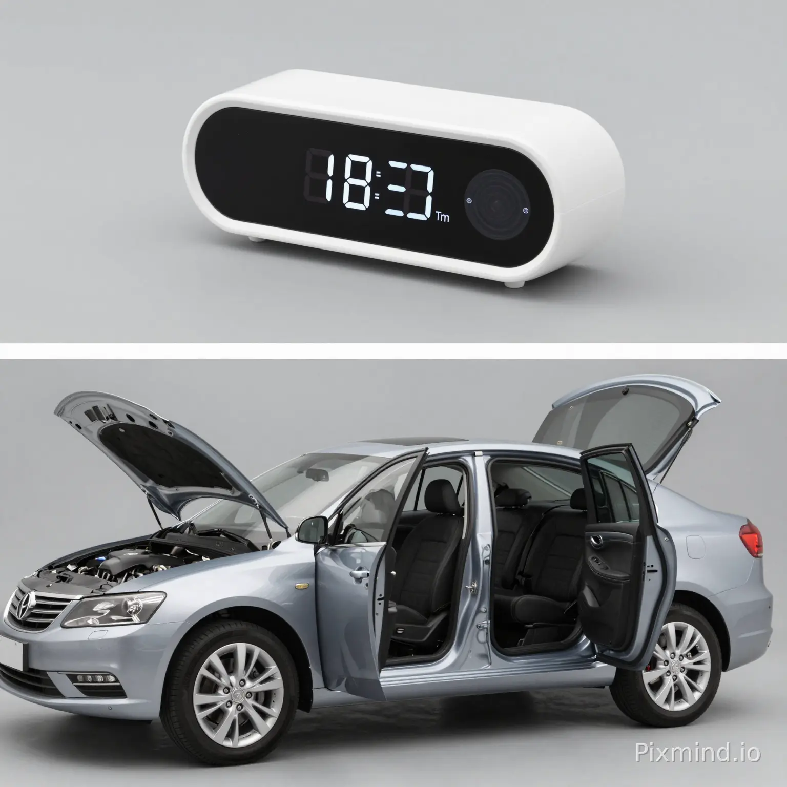 Two-in-one comparison picture, top: closed car alarm clock, bottom: open doors and engine hood, indoor clean grey background, highlight movable structure, commercial e-commerce photo