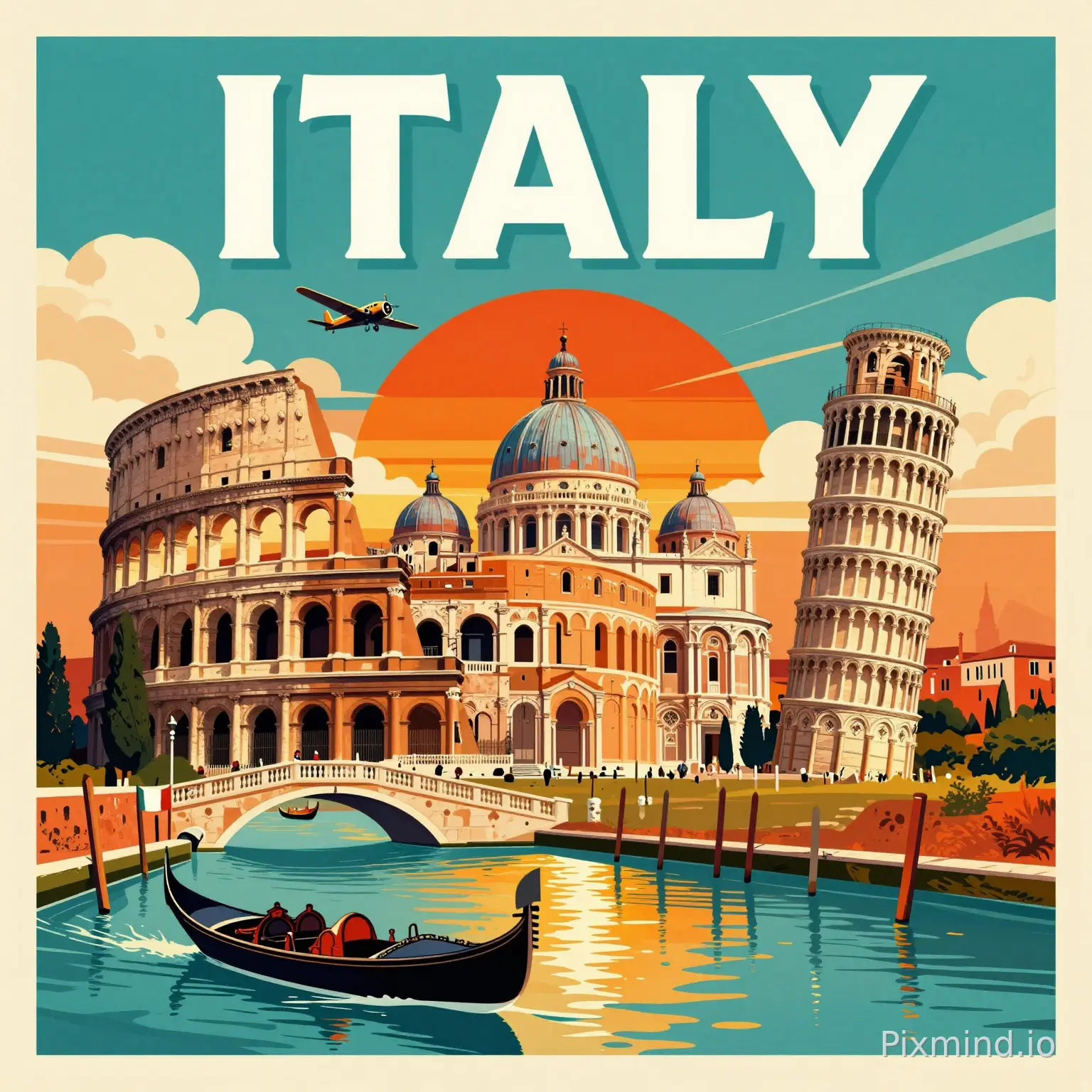 “Create a vibrant retro vintage travel poster in the style of classic 1950s-1960s Italian tourism posters, square 1:1 aspect ratio. Bold, stylized illustration with clean lines and rich saturated colors.
At the top, large bold white sans-serif text ‘ITALY’ with a slight drop shadow. Below it, a dramatic teal and cyan sky with stylized clouds, a large glowing orange-red sun setting behind the landmarks, and a small vintage propeller airplane flying across the sky.
In the center, a beautiful collage of iconic Italian landmarks arranged harmoniously: the Roman Colosseum on the left, Vatican domes in the middle, and the Leaning Tower of Pisa on the right. All rendered in a vibrant retro illustrative style with warm orange and teal tones.
In the foreground, a scenic Venetian canal with a classic black gondola and a smaller boat on the turquoise water. A stone bridge crosses the canal. Italian flag waving on the left side.
Strong warm sunset lighting, golden reflections on the water, dramatic sky with orange, teal, and cream tones. Clean, bold, eye-catching composition perfect for a poster.
Highly detailed, vibrant colors, retro poster aesthetic, excellent composition, 1:1 square format, masterpiece, best quality.”