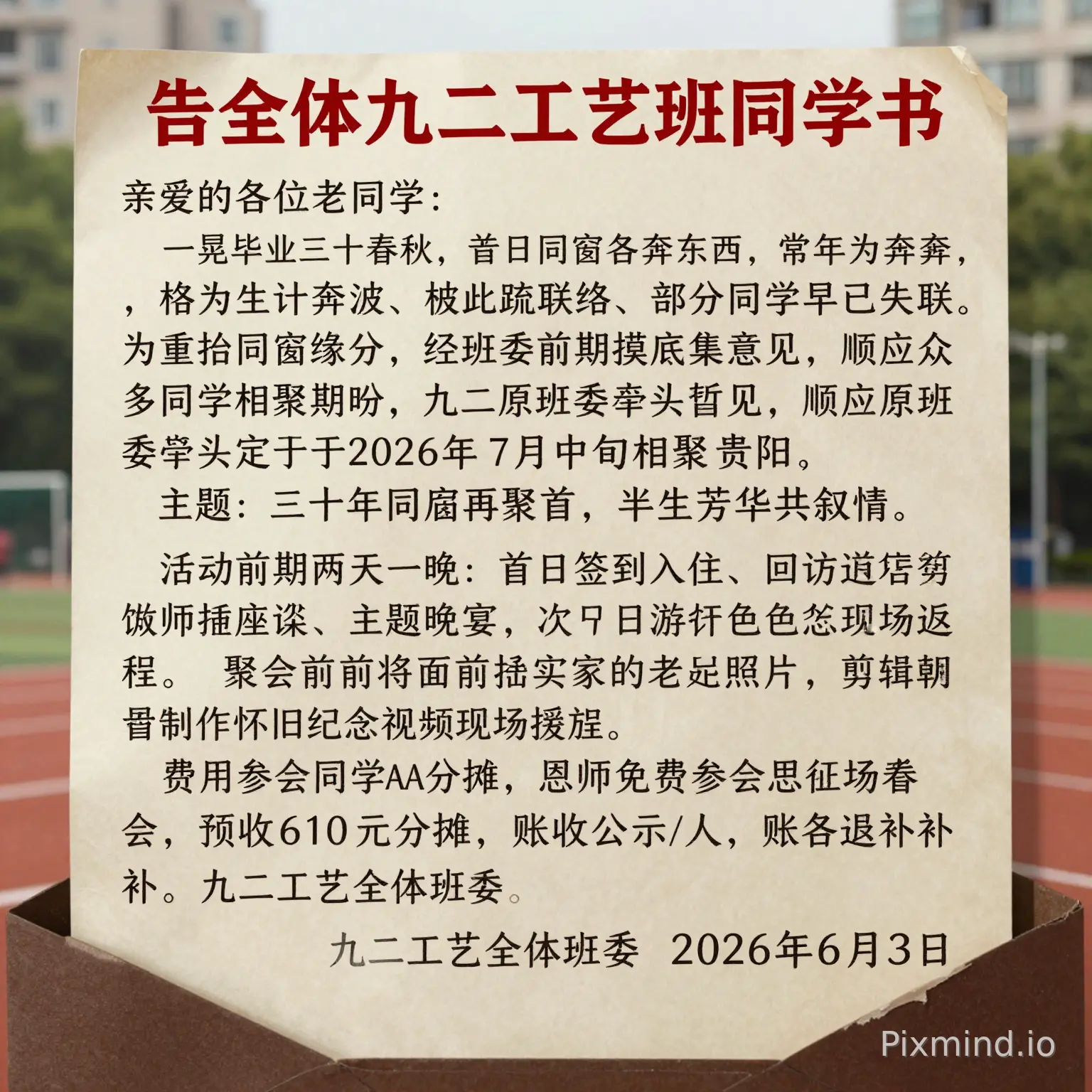 请把下面这段话制成海报,要求海报文档格式规范,图片比例9:16,海报文档内容包含下面全部内容。 告全体九二工艺班同学书 亲爱的各位老同学: 一晃毕业三十春秋,昔日同窗各奔东西,常年为生计奔波,彼此疏于联络、部分同学早已失联。为重拾同窗缘分,经班委前期摸底征集意见,顺应众多同学相聚期盼,九二工原班委牵头暂定于 2026 年 7 月中旬相聚贵阳,主题:三十年同窗再聚首,半生芳华共叙情。 活动为期两天一晚:首日签到入住、回访母校、师生座谈、主题晚宴;次日游览特色景点,收官午宴后返程。聚会前期将面向大家征集老照片,剪辑制作怀旧纪念视频现场播放。费用参会同学 AA 分摊,恩师免费参会,预收 610 元 / 人,账务公示、会后多退少补。 九二工艺全体班委 2026年6月3日