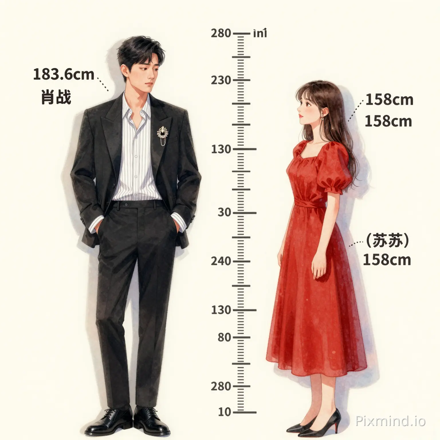 请生成一张日系淡彩角色设定图,版面为直式海报比例 2:3。画面中央有一条垂直身高尺,标示0到200厘米,刻度精细清晰。左右各站一位全身人物,两人侧身面对彼此,像身高差对比图。
左边角色是男性,身高183.6cm,站在身高尺左侧,头顶高度要精准对应183.6m,旁边用细虚线标出“183.6cm”,男性身形修长、肩膀较宽、比例自然,姿势放松,身穿一身SAINT LAURENT2026秋冬系列利落宽肩西装内搭黑白细条纹衬衫,佩戴宝诗龙珠宝胸针巧妙点缀,黑色西装裤,黑色薄底皮鞋,衬衫袖口挽起在手腕上,一手插口袋,微微低头看向右边女生。
右边角色是女性,身高158cm,站在身高尺右侧,头顶高度要精准对应158cm,旁边用细虚线标出“158cm”,身穿红色裙子,女性身形纤瘦、比例自然,微微抬头看向男生,表情温柔。
再在左图中男生左侧加入 (肖战) 183.6cm;女生右侧加入 (苏苏) 158cm的字体.