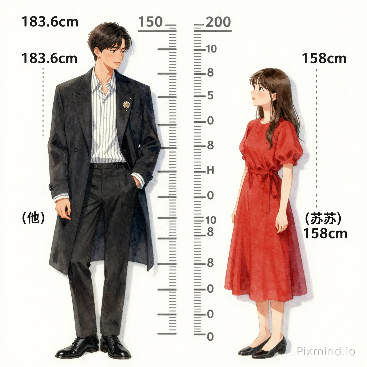 请生成一张日系淡彩角色设定图,版面为直式海报比例 2:3。画面中央有一条垂直身高尺,标示0到200厘米,刻度精细清晰。左右各站一位全身人物,两人侧身面对彼此,像身高差对比图。
左边角色是男性,身高183.6cm,站在身高尺左侧,头顶高度要精准对应183.6m,旁边用细虚线标出“183.6cm”,男性身形修长、肩膀较宽、比例自然,姿势放松,身穿一身SAINT LAURENT2026秋冬系列利落宽肩西装内搭黑白细条纹衬衫,佩戴宝诗龙珠宝胸针巧妙点缀,黑色西装裤,黑色薄底皮鞋,衬衫袖口挽起在手腕上,面向女生一手插口袋,微微低头看向右边女生。
右边角色是女性,身高158cm,站在身高尺右侧,头顶高度要精准对应158cm,旁边用细虚线标出“158cm”,身穿红色裙子,女性身形纤瘦、比例自然,微微抬头看向男生,表情温柔。
再在左图中男生左侧加入 (他) 183.6cm;女生右侧加入 (苏苏) 158cm的字体.