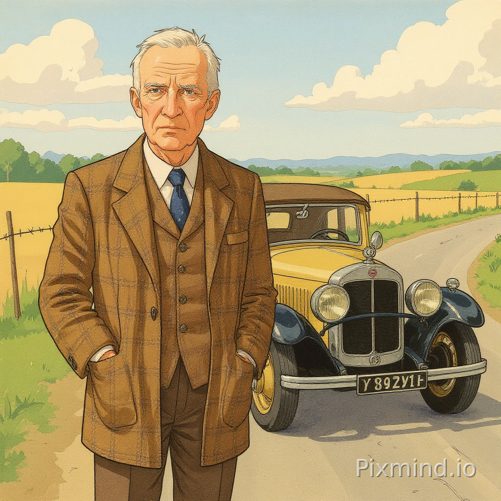 use the face of the image as a person in a tweed jacket and a standing in front of an 1930 open mercedes on a road in an open landcape with fields surrounded by barbed wire. This needs to in the style of Tintin drawings
