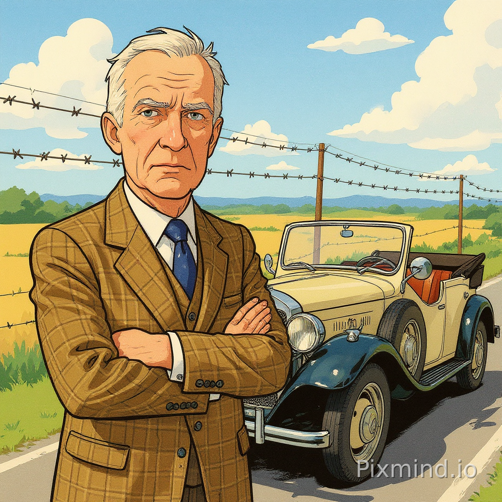 use the face of the image as a person in a tweed jacket and standing in front of an 1930 open mercedes on a road in an open landcape with fields surrounded by barbed wire. Do this in a style that resembles the art style of Tintin. Include features typical of the Tintin comics, such as bold outlines, vibrant colors, and exaggerated facial expressions.