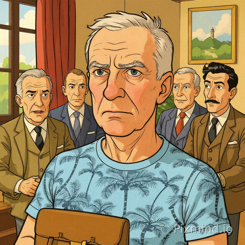 Transform a given photo into an image that resembles the art style of Tintin. Include features typical of the Tintin comics, such as bold outlines, vibrant colors, and exaggerated facial expressions. the image should be 40 men gathered in a grand drawing room.
