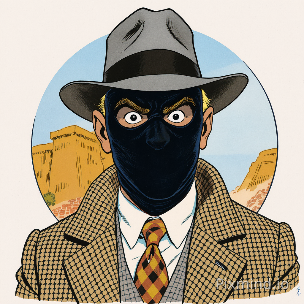 use the face of the image as Professor Tournesol in a tweed jacket wearing a zorro mask in a style that resembles the art style of Tintin. Include features typical of the Tintin comics, such as bold outlines, vibrant colors, and exaggerated facial expressions without wrinkles in the face