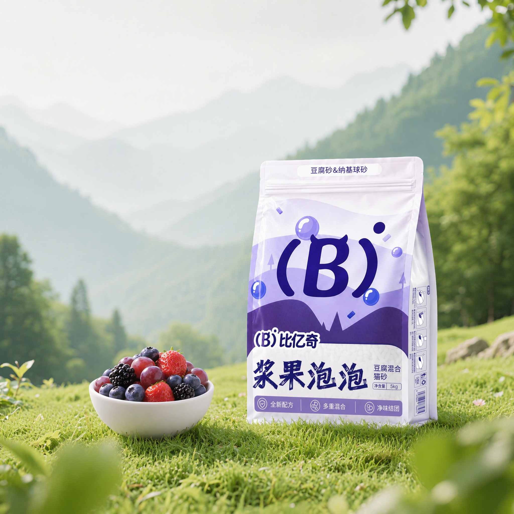 远处的山变淡变隐隐约约,,罐装包装去掉,中间放着图2我给的包装,包装不要太大,包装左边的木质碗变成白色的碗,碗缩小一半大小,碗里装着各种小的浆果,有蓝莓、葡萄、桑葚、草莓。包装上的字清晰可见。