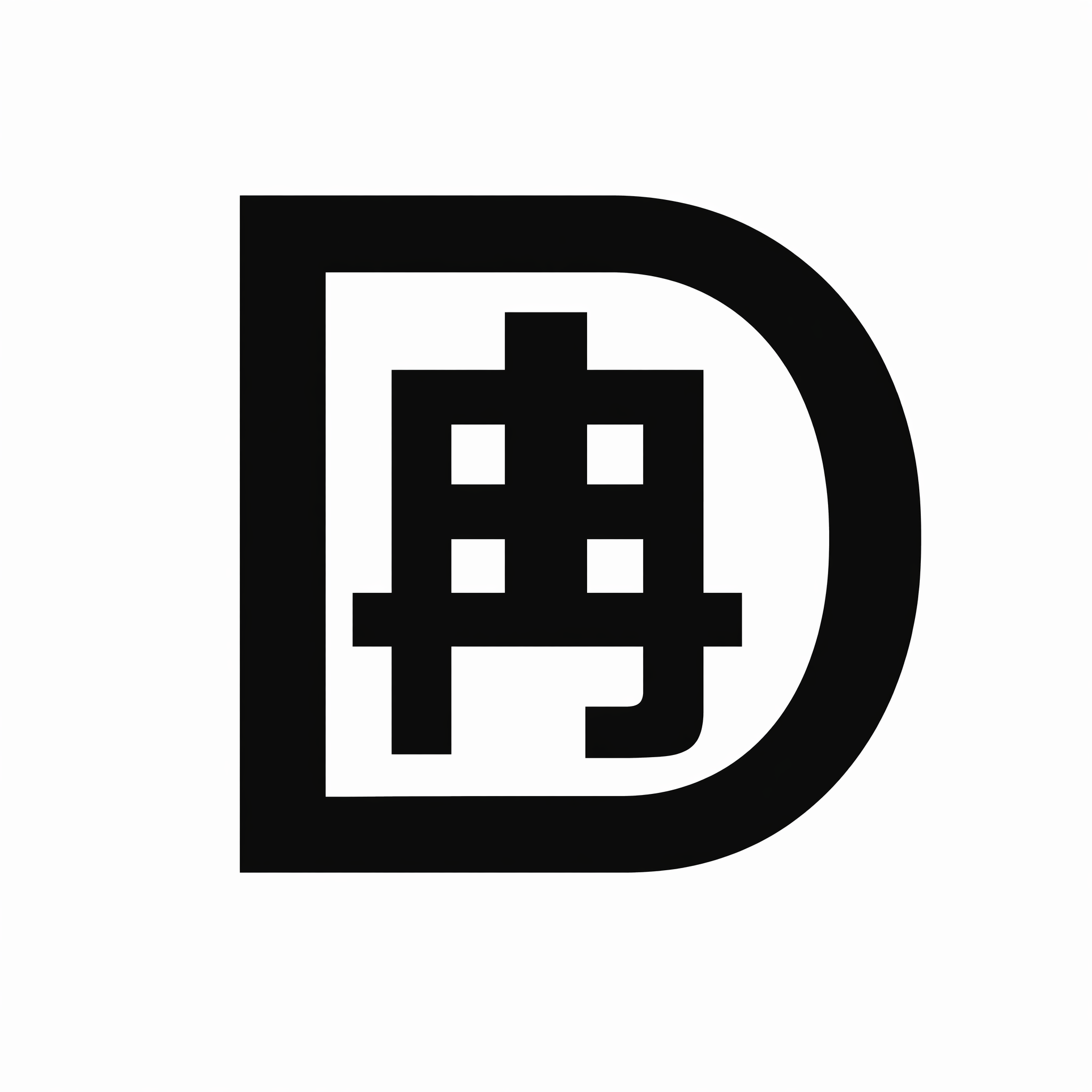 商业LOGO设计文案,品牌:大冉烟酒,正方形1:1构图,适配微信头像,极简扁平化矢量图标,整体由大写英文字母D作为外轮廓完整包围内嵌汉字“冉”,D轮廓线条粗细均匀,汉字冉采用稳重简约黑体造型,笔画规整,D与冉正负形融合一体,无多余装饰元素,单色黑色图案、纯白色背景,无渐变、无立体效果、无花纹、无酒瓶香烟写实图案,轻奢烟酒门店标识,线条干净利落,留白匀称,现代国风简约商标,可矢量缩放,构图居中饱满