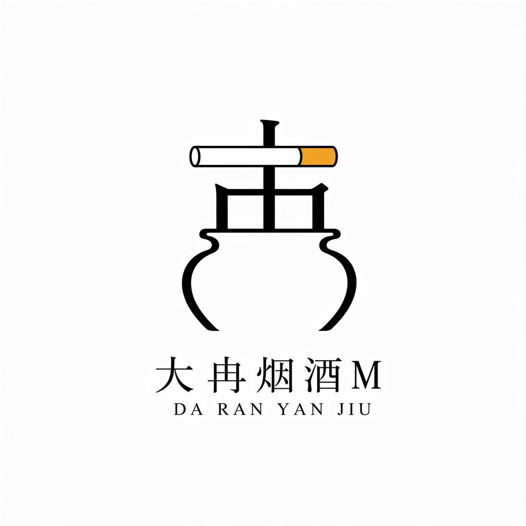 中式汉字LOGO设计,店名大冉烟酒M,“冉”字创意变形:上半笔画替换成香烟造型(烟身白、烟嘴橙黄),下半轮廓融合酒坛陶罐镂空造型,极简单线条,白底,无多余装饰,宋体小字「大冉烟酒」+英文DA RAN YAN JIU
