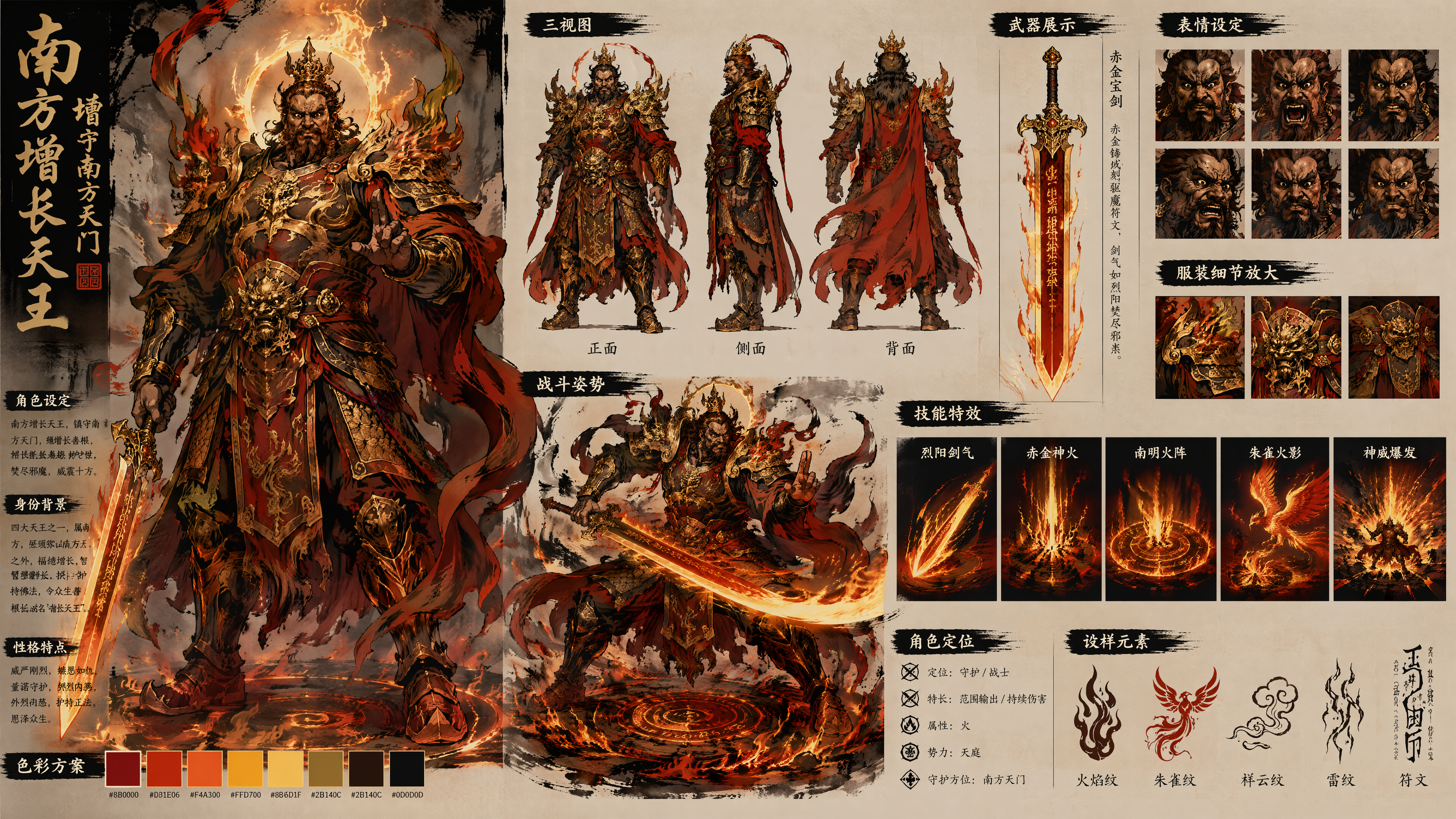 南方增长天王角色设定排版图,东方神话战神设定,完整角色三视图,包含正面、侧面、背面,武器展示,战斗姿势,表情设定,技能特效,服装细节放大,色彩方案色卡。
角色为南方增长天王,镇守南方天门,身材魁梧巨大,气势如烈火压城。面孔参考古代佛像与怒目金刚造像,面部厚重威严,眉骨如山,双眼怒睁,眼中燃烧赤金神火,鼻梁宽阔,嘴角下压,牙关紧咬,表情狰狞凶悍但充满神圣威严。身穿赤金色重型神甲,胸甲宽阔厚重,刻有火焰纹、朱雀纹、祥云纹,肩甲如燃烧的火焰向外展开,红色披风如火云翻卷。
武器为赤金宝剑,剑身宽长,燃烧赤金火焰,剑刃刻有驱魔符文。战斗姿势为单手持剑横斩,另一手结印,脚下展开南明火阵,火焰与云雾被剑气劈开。技能特效为烈阳剑气、赤金神火、南明火阵、朱雀火影、神威爆发。
高对比国风水墨动画风,粗犷毛笔线条,强烈红金色块,泼墨火焰,浓重黑影,动态笔触,东方神话战斗动画质感,怒目金刚相,神圣暴烈,战神压迫感,电影级光影,高清细节,专业角色设定图。
负面提示词:
低清晰度,模糊,比例错误,手指畸形,肢体扭曲,脸部崩坏,五官错位,表情呆滞,过度卡通,幼稚可爱风,现代服装,科幻机甲感,西方骑士风过重,文字乱码,水印,logo,背景杂乱,盔甲细节混乱,法宝变形,过度血腥,恐怖怪物化,低质量渲染。