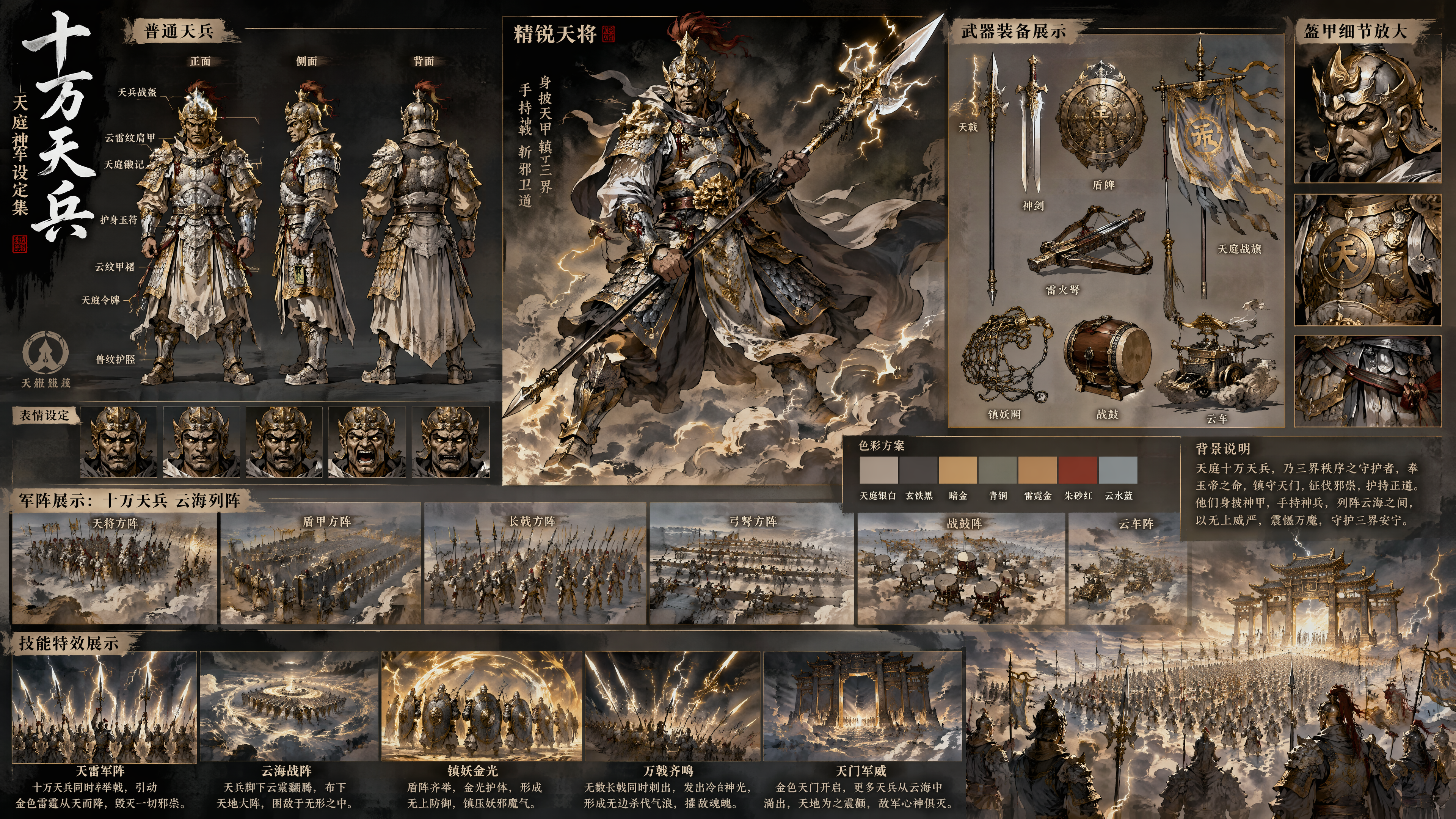 十万天兵角色设定排版图,东方神话天庭军团设定,国风水墨动画风格,高对比东方神话战斗动画质感,完整军团设定图,包含天兵正面、侧面、背面三视图,普通天兵、精锐天将、旗手、弓弩兵、长戟兵、盾甲兵、战鼓兵、云车兵、阵法方阵展示,武器装备展示,盔甲细节放大,战斗姿势,表情设定,技能特效,军旗纹样,色彩方案色卡,简短背景说明。
画面主体为十万天兵天将,天庭大军列阵于云海之上,数量庞大,气势恢宏,神圣而压迫。前景展示数名代表性天兵角色设定,中景展示密集军阵,远景为无边无际的天兵方阵、金色天门、翻滚云海与雷光。整体像一张专业游戏美术设定集或动画设定排版图。
天兵面孔参考古代佛像、护法神、金刚力士造像,面部庄严厚重,眉骨突出,双眼怒目圆睁,眼神如金色神火,鼻梁宽阔,嘴角紧绷,牙关紧咬,表情威严狰狞,呈现怒目金刚相。他们不是妖怪,而是镇压妖魔的天庭神兵,神圣、冷酷、纪律森严。
天兵身穿统一制式神甲,盔甲以银白、暗金、青铜、玄铁色为主,甲片层层叠叠,带有祥云纹、雷纹、龙鳞纹、天庭符文。头戴天兵战盔,盔顶有金色冠饰或红色缨穗。肩甲宽厚,胸甲刻有天庭徽记,腰间挂符牌、令牌、护身玉符。披挂简洁但威严,适合大规模军团统一作战。
武器装备包含:
长戟、天矛、神剑、盾牌、弓弩、战旗、战鼓、锁链、云车、雷火弩、镇妖网。
武器表面刻有金色符文,锋刃散发冷白神光,战旗上绘有天庭云纹、雷纹、日月纹、镇妖符号。盾牌为圆形或方形重盾,中央有金色天眼或云雷纹章。
排版内容包括:
左侧展示普通天兵三视图,正面、侧面、背面;
中间展示精锐天将全身战斗姿势,手持长戟,怒目狰狞,脚踏云雾;
右侧展示武器装备细节,包括长戟、盾牌、战旗、弓弩、战盔、胸甲纹样;
下方展示十万天兵军阵俯视图、云海方阵、战鼓阵、弓弩阵、盾甲阵;
角落展示色彩方案色卡与天兵军团背景说明。
技能特效包括:
天雷军阵:十万天兵同时举戟,引动金色雷霆从天而降;
云海战阵:天兵脚下云雾翻滚,形成巨大阵法;
镇妖金光:盾阵释放金色护罩,压制妖气;
万戟齐鸣:无数长戟发出冷白神光,形成杀伐气浪;
天门军威:远处金色天门开启,更多天兵从云海中涌出。
整体画风为高对比国风水墨动画风格,粗犷有力的毛笔线条,泼墨云雾,浓重阴影,强烈色块,动态笔刷痕迹,金色雷光,青黑云层,电影级战争构图,神话史诗感,压迫感极强,高清细节,专业角色设定排版图。
负面提示词:
低清晰度,模糊,比例错误,手指畸形,肢体扭曲,脸部崩坏,五官错位,表情呆滞,过度卡通,幼稚可爱风,现代服装,科幻机甲感,西方骑士风过重,文字乱码,水印,logo,背景杂乱,盔甲细节混乱,法宝变形,过度血腥,恐怖怪物化,低质量渲染。