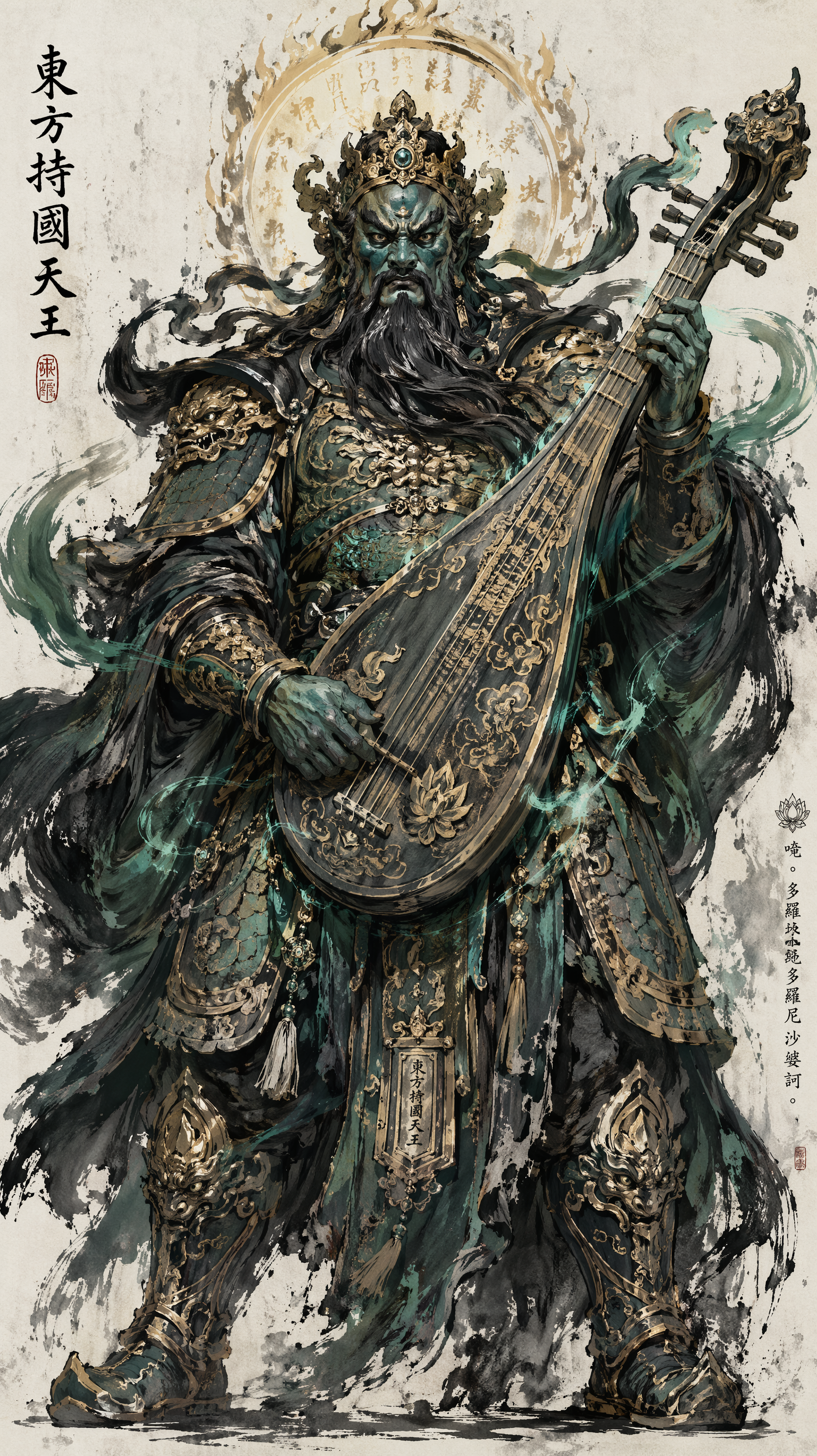东方持国天王角色设定图,正面全身像,东方神话天庭护法神,佛教四大天王之一。高大魁梧的护法天王身形,站姿庄严稳定,气势神圣压迫,像古代寺庙彩塑神像与天庭武将结合。
面孔为青绿色佛像怒目面孔,必须面目狰狞,五官厚重立体,眉骨高耸,浓眉上扬,怒目圆睁,眼神凶悍威严,鼻梁宽厚,嘴角下压,獠牙微露。脸部有青绿色彩绘、墨黑怒纹、暗金色金箔裂痕和斑驳神像质感,像古老护法神像。长须飘动,神情沉稳但凶恶,不是普通人脸,不是英俊脸。
头戴金色天王冠,冠饰带祥云纹、莲花纹和护法符文。身穿青绿色与暗金色厚重天庭战甲,宽大肩甲,胸甲刻有云纹、龙纹、佛纹和古老天庭符文,腰间玉带,披着青黑色披风,衣袍层次丰富,材质像金属甲胄与神像彩绘结合。
双手持古朴神圣的琵琶,琵琶造型巨大庄严,琴身刻有祥云纹、莲纹和神秘符文,散发青绿色音波与淡淡金光。周身环绕青绿色风纹、音波光效、云气和金色护法光晕。整体气质沉稳、庄严、神圣、狰狞,像守护东方天门的护法天王。
国风暗黑水墨动画风格,寺庙壁画和彩塑佛像质感,热血国漫角色设定,粗犷黑色墨线,强烈手绘笔触,泼墨飞溅,干笔纹理,高对比光影,青绿、暗金、墨黑色调,干净背景,全身完整显示,电影级角色概念设定图,高清细节。