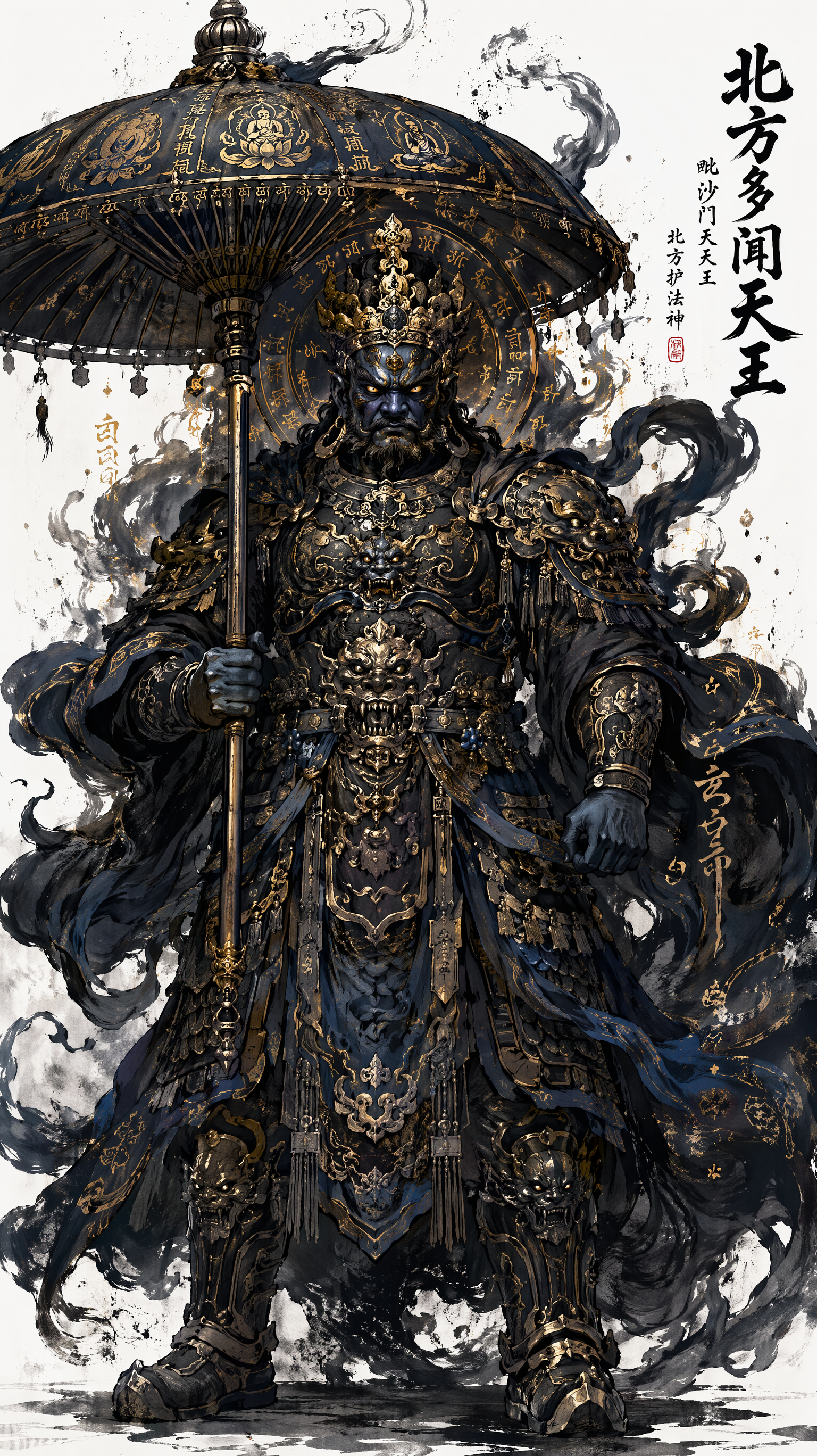 北方多闻天王角色设定图,正面全身像,东方神话天庭护法神,佛教四大天王之一。高大魁梧的护法天王身形,站姿沉稳如山,气势最为厚重威严,神圣不可侵犯,像古代寺庙彩塑黑面护法神像与天庭武将结合。
面孔为深蓝黑色佛像怒目面孔,必须面目狰狞,具有沉重威压感。五官厚重粗犷,眉骨高耸,怒目低垂但极具压迫力,双眼泛金色冷光,鼻梁宽厚,嘴角紧闭下压,獠牙微露。脸部有深蓝彩绘、墨黑怒纹、暗金金箔裂痕、斑驳神像裂纹和古老庙宇彩塑质感,像年代久远的黑面护法天王神像。表情冷静、凶恶、威严,不是普通人脸,不是怪物脸,不是西方恶魔。
头戴厚重金色天王冠,冠饰带祥云纹、莲花纹、佛纹和护法符文。身穿墨黑色、深蓝色与暗金色重型天庭战甲,盔甲最厚重,肩甲宽大,胸甲刻有祥云、神兽纹、佛纹和天庭符文,腰间金色玉带,披着深蓝黑色披风,整体色调阴沉庄严。
一手持华丽宝伞,宝伞巨大而庄严,伞面刻有祥云纹、莲花纹、佛纹、金色符文和护法图案,伞骨散发暗金神光。周围环绕深蓝寒雾、墨黑云气、金色护法光晕和神圣符文阵。整体气质稳重、冷酷、神圣、厚重、狰狞,像守护北方天门的最高护法天王。
国风暗黑水墨动画风格,寺庙壁画和彩塑佛像质感,热血国漫角色设定,粗犷黑色墨线,强烈手绘笔触,泼墨飞溅,干笔纹理,高对比光影,深蓝、墨黑、暗金色调,干净背景,全身完整显示,电影级角色概念设定图,高清细节。