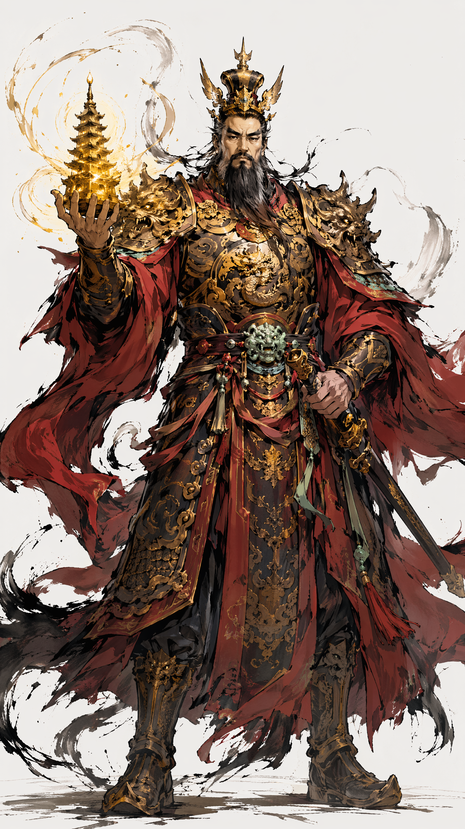 托塔天王李靖角色设定图,东方神话天庭武将,威严冷峻,中年男性,方正脸型,浓眉,锐利眼神,长须微扬,神情庄严肃杀。头戴金色天王冠,身穿厚重金红色天庭战甲,肩甲宽大,胸甲雕刻云纹、龙纹和神兽纹样,腰间玉带,披着暗红色战袍,衣袍随风翻卷。
李靖一手托着玲珑宝塔,宝塔小巧精致,金色神光环绕,塔身有复杂古纹和佛光符文;另一只手扶着腰间佩剑的剑柄。整体姿态端正、威严、压迫感强,像统御十万天兵的天庭主帅。
国风水墨热血动画风格,接近雾山五行的视觉质感,粗犷黑色墨线,强烈手绘笔触,泼墨飞溅,干笔纹理,高对比光影,金色神光,朱红战袍,墨黑阴影,青绿色冷光,动态风线,东方神话史诗感。角色全身设定图,正面视角,干净背景,细节丰富,电影级角色设计。
负面提示词:现代服装,科幻盔甲,西方骑士,机械装备,枪械,过度写实,3D塑料感,Q版,可爱风,年轻少年脸,无胡子,女性化,模糊,低清晰度,多余手指,错误手部,畸形宝塔,文字,水印