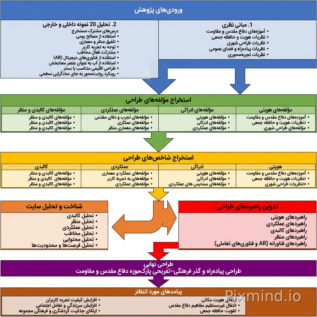 مدل مفهومی نهایی پیشنهادی
🔵 ورودیهای پژوهش
1. مبانی نظری
• آموزههای دفاع مقدس و مقاومت
• نظریات هویت و حافظه جمعی
• نظریات طراحی شهری
• نظریات پیادهراه و فضای عمومی
• نظریات تجربهمحوری
2. تحلیل 20 نمونه داخلی و خارجی
درسهای مشترک مستخرج
• استفاده از مصالح بومی
• تلفیق منظر و معماری
• توجه به تجربه کاربر
• مشارکت فعال مخاطب
• استفاده از فناوریهای دیجیتال (AR)
• استفاده از آب به عنوان عنصر معنابخش
• طراحی اقلیمی متناسب با بستر
• رویکرد روایتمحور به جای نمادگرایی سطحی
⬇⬇
🟢 استخراج مؤلفههای طراحی
مؤلفههای هویتی
• هویت مکانی
• تعلق مکانی
• حافظه جمعی
• روایت فضایی
مؤلفههای ادراکی
• حس مکان
• خوانایی
• کشف و شهود
• تجربهمحوری
مؤلفههای عملکردی
• سرزندگی
• تعامل اجتماعی
• مشارکت مخاطب
مؤلفههای کالبدی و منظر
• مسیر
• گره
• نشانه
• منظر
• آب
• مصالح
• عناصر تعاملی
⬇
🟡 استخراج شاخصهای طراحی
شاخصهای هویتی
• انتقال مفاهیم دفاع مقدس
• تقویت حافظه جمعی
• ایجاد حس تعلق
شاخصهای ادراکی
• خوانایی
• تجربه فضایی
• کیفیت ادراک محیط
شاخصهای عملکردی
• تنوع فعالیت
• مشارکت کاربران
• انعطافپذیری عملکردی
شاخصهای کالبدی
• سازمان فضایی
• منظر
• اقلیم
• مصالح
• فناوری
⬇
🟠 شناخت و تحلیل سایت
• تحلیل کالبدی
• تحلیل منظر
• تحلیل عملکردی
• تحلیل مخاطب
• تحلیل محتوایی
• تحلیل فرصتها و محدودیتها
⬇
🔴 تدوین راهبردهای طراحی
راهبردهای هویتی
راهبردهای عملکردی
راهبردهای کالبدی
راهبردهای منظر
راهبردهای فناورانه
(AR و فناوریهای تعاملی)
⬇
🟣 طراحی نهایی
طراحی پیادهراه و گذر فرهنگی–تفریحی پارکموزه دفاع مقدس و مقاومت
⬇
🟤 پیامدهای مورد انتظار
• ارتقای هویت مکانی
• انتقال غیرمستقیم مفاهیم دفاع مقدس
• تقویت حافظه جمعی
• افزایش کیفیت تجربه کاربران
• افزایش سرزندگی و تعامل اجتماعی
• ارتقای جذابیت گردشگری و فرهنگی مجموعه
با توجه به این متن دیاگرام مفهومی برای این پژوهش طراحی کن