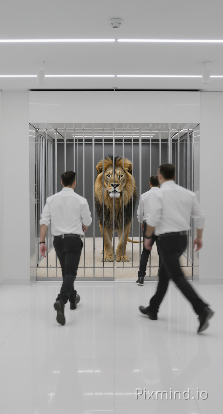 First Frame: A wide shot of a bright white room with glossy floors and track lighting. In the background, a large male lion with a thick mane stands behind a floor-to-ceiling metal bar partition. Two men in white shirts and black pants are blurred in motion, entering from …