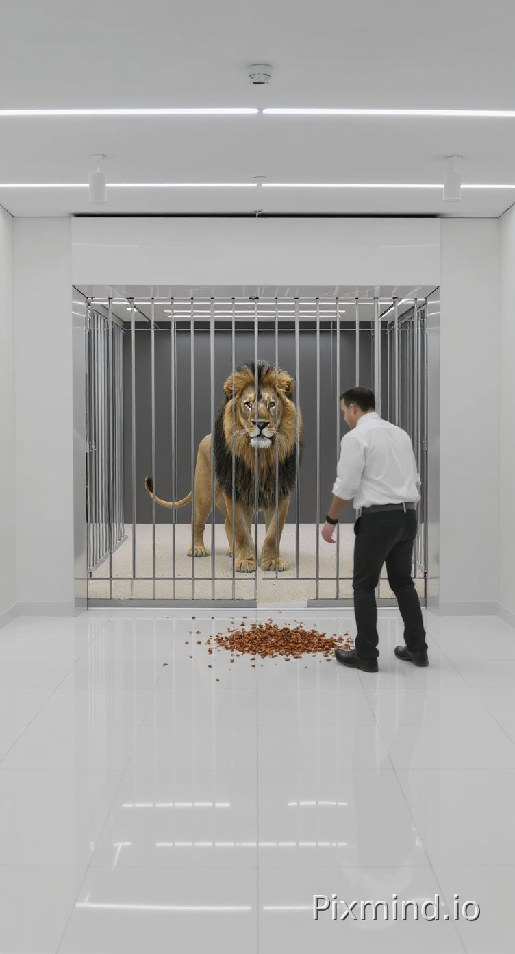 First Frame: A wide shot of the same room, now with a worker in a white shirt scattering dry brown leaves across the glossy floor. The lion stands alert behind the bars, watching the activity. The lighting remains bright and consistent with the previous shot.