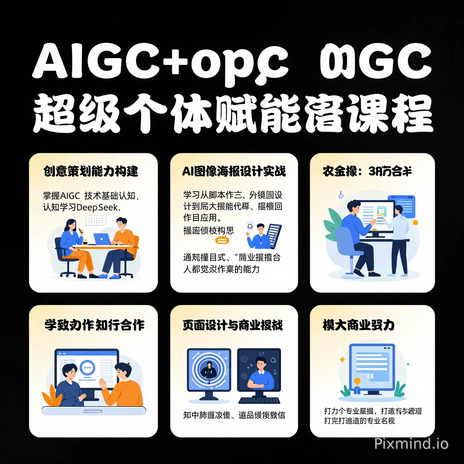 请设计一个AIGC+opc超级个体赋能培训课程的海报,内容参考如下内容进行提炼总结:课程对象
高校毕业生、失业人员、灵活就业、OPC(个体内容创作者)等有数字技能提升与就业创业需求的群体
课程价值
1、认知提升,创意先行:系统提升学员的 AI 数字化认知与创新理念,深入理解数字内容产业发展趋势,培养跨界思维与全局视野,拓展个人职业发展的战略格局。
2、专业视野,业技融合:洞察广告与数字创意行业趋势,把握 AIGC 技术赋能产业升级的核心逻辑,培养 “懂业务、懂创意、懂技术” 的复合型人才,打造不可替代的核心竞争力。
3、学以致用,知行合一:聚焦行业真实需求与工作场景,采用 1V1 实操指导模式,确保学员在培训过程中产出可落地、可展示的作品,实现 “学完有成果、成果能变现”。
课程内容
1、创意策划能力构建
掌握 AIGC 技术基础认知,学习 DeepSeek、豆包等主流大语言模型的应用方法,完成创意构思、需求拆解与全链路提示词撰写。通过项目式、问题式学习模式,培养创新思维与系统性策划能力,为全流程内容创作奠定基础。
2、AI图像海报设计实战
掌握即梦等主流 AI 图像生成工具的操作逻辑,学习从提示词精准撰写到成品出图、优化调整的全流程技能,覆盖海报设计、品牌视觉、商业插画、IP 形象设计等多场景商业应用,打造专业级视觉产出能力。
3、AI 视频制作全流程教学
从脚本创作、分镜设计到 AI 成片、后期精修,系统学习剪映等视频生成与剪辑工具的应用,覆盖短视频、品牌宣传片、AIGC 短剧等多种视频形式,实现高效、高质量的视频内容创作。
4、页面设计与作品集包装
学习 AI 辅助基础界面设计、视觉优化的方法,完成个人作品集的商业级包装,掌握商业路演、作品展示的核心技巧,为接单、就业打造专业名片,助力个人 IP 打造与商业变现。