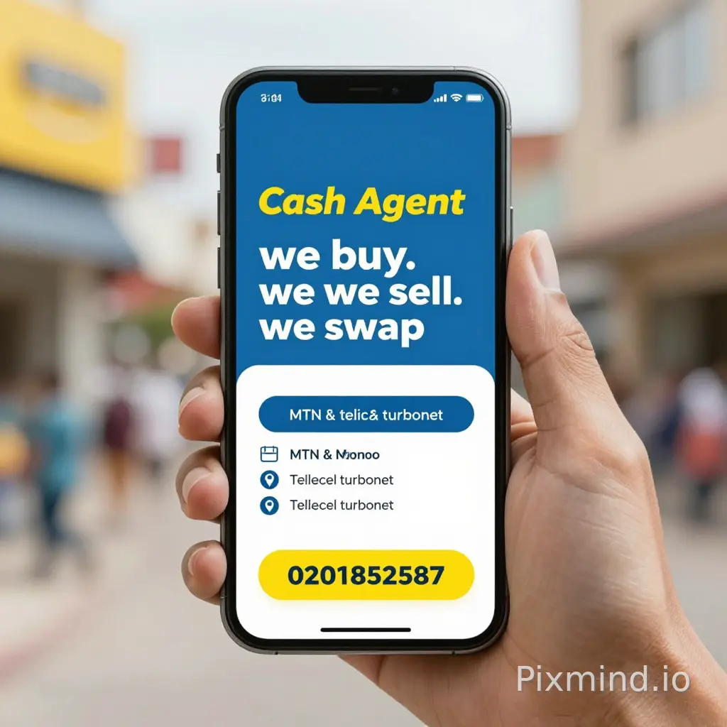 I want to start a business that is telecel cash agent sim registration, MTN momo sim registration, MTN and telecel turbonet and iphones add this information to the iphone picture "we buy. we we sell. we swap" and this is my number 0201852587 put it at the contact us information, I want you to create an extremely outstanding picture or flier based on this information