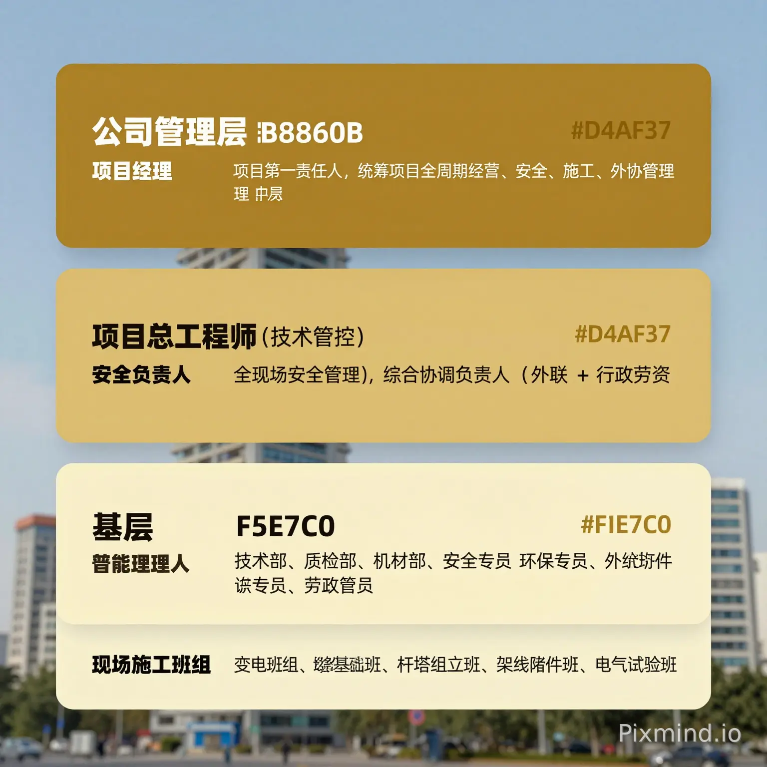 请替我将下列内容生成图片,高清 比例16:9
分层替换明细(严格替换原图三层文字)
✅顶层(深金色 #B8860B,替换原:公司管理层)
项目经理:项目第一责任人,统筹项目全周期经营、安全、施工、外协管理
✅中层(中金色 #D4AF37,替换原:部门负责人)
项目总工程师(技术管控)、安全负责人(全现场安全管理)、综合协调负责人(外联 + 行政劳资)
✅基层(浅金色 #F5E7C0,替换原:普通员工)
职能管理人员:技术部、质检部、机材部、安全专员、环保专员、外协专员、劳资管理员
现场施工班组:变电班组、线路基础班、杆塔组立班、架线附件班、电气试验班