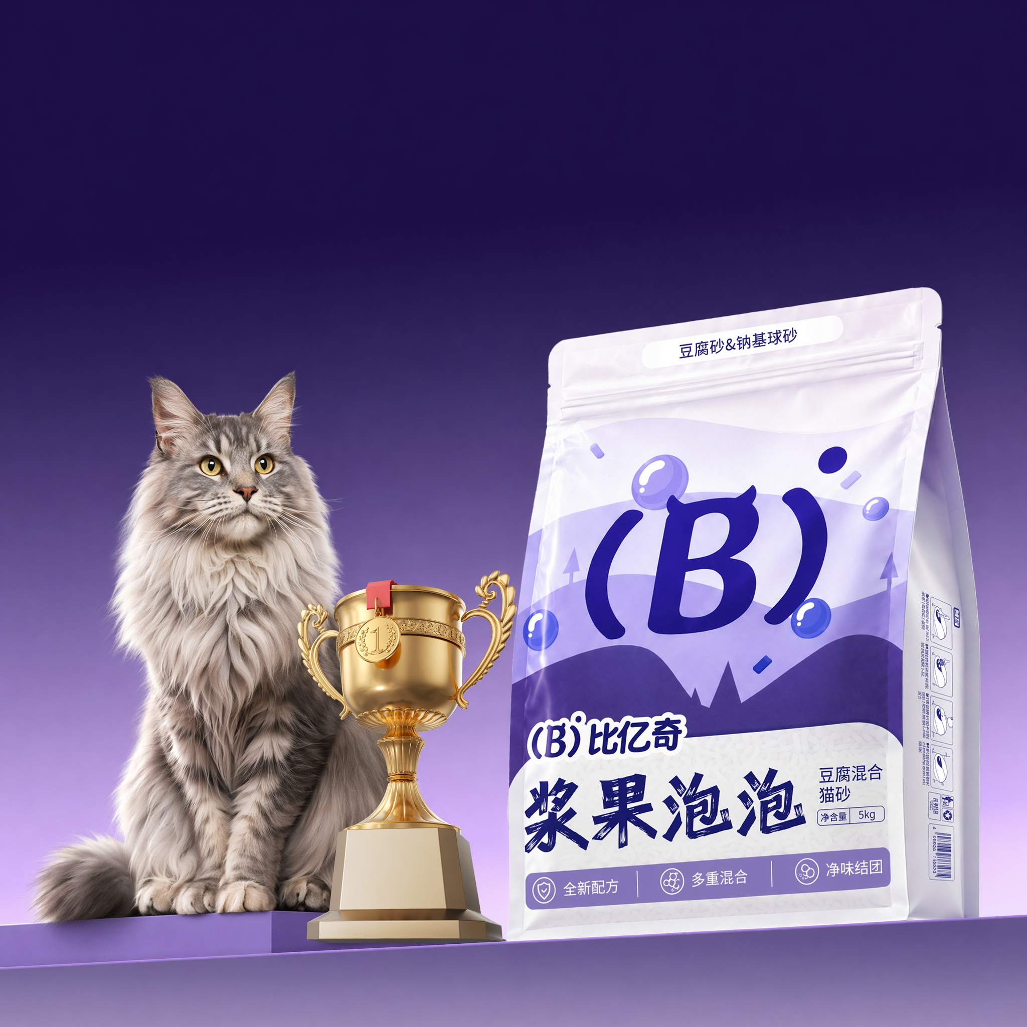 在红色框里加一只高级成年猫，站在展示台上，黄色框里放一个金色的奖杯参考图2，猫和奖杯要跟包装透视角度一致，符合逻辑，光影真实柔和，其余不变