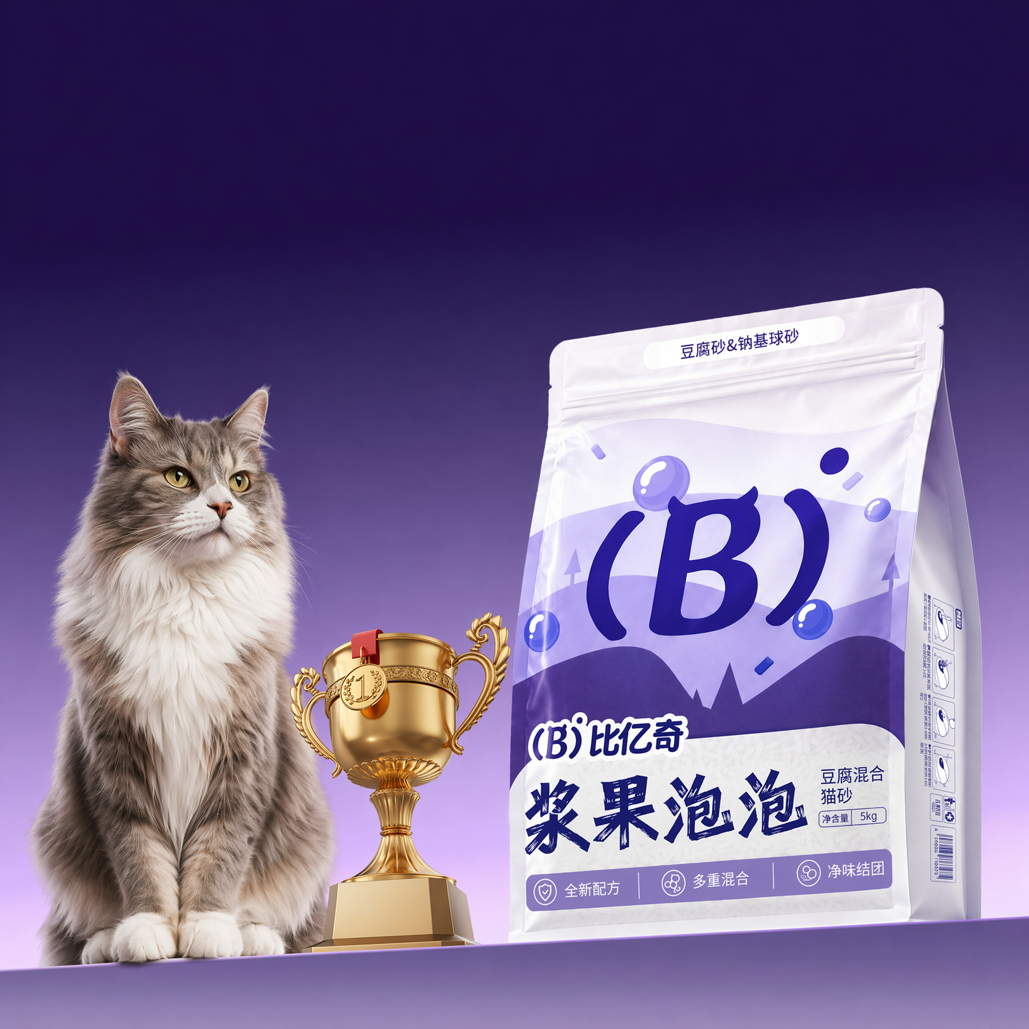 在红色框里加一只高级成年猫，站在展示台上，黄色框里放一个金色的奖杯参考图2，猫和奖杯要跟包装透视角度一致，符合现实逻辑，光影真实柔和，其余不变