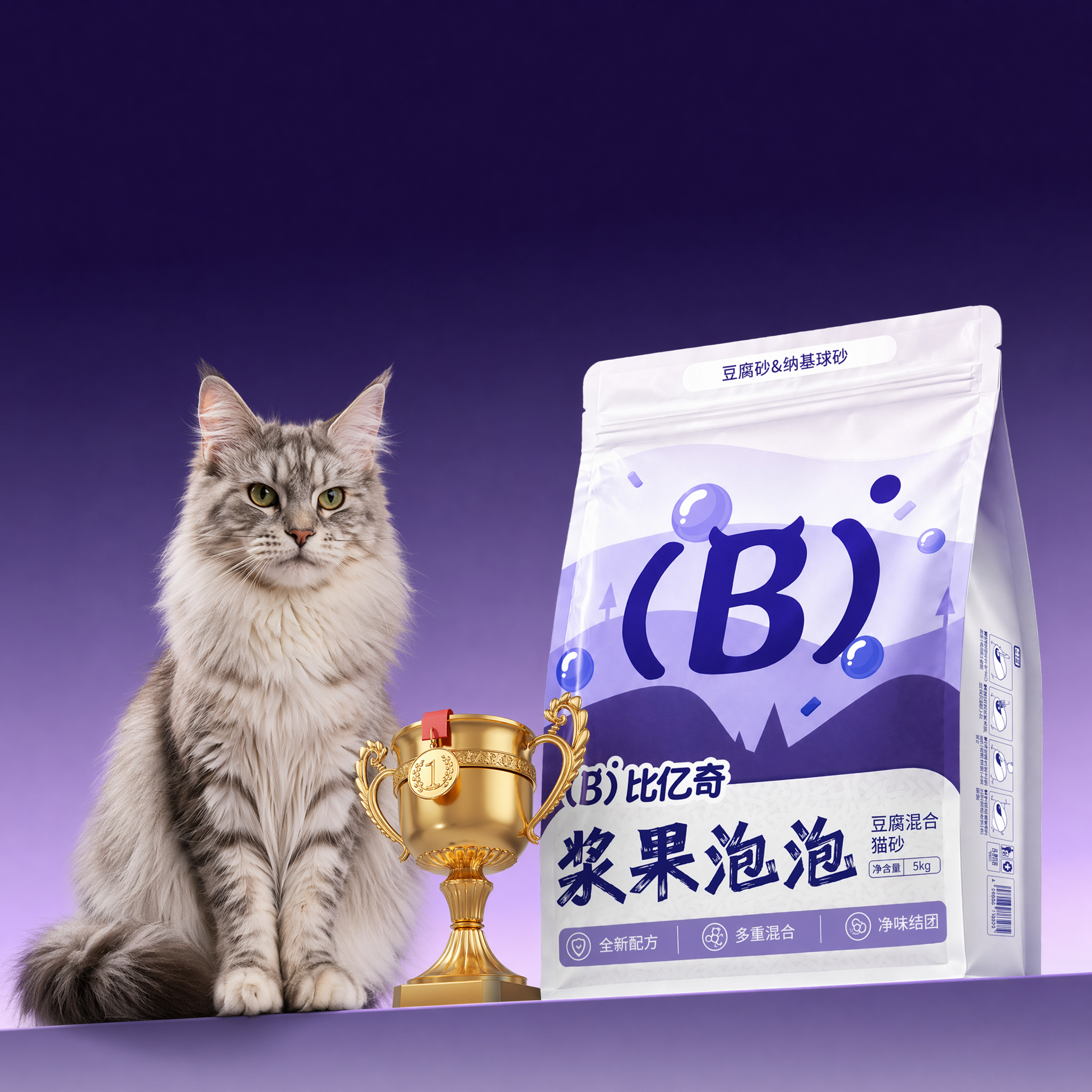 在红色框里加一只高级成年猫，站在展示台上，黄色框里放一个金色的奖杯参考图2，猫和奖杯要跟包装透视角度一致，奖杯紧挨着包装，符合现实逻辑，光影真实柔和，其余不变