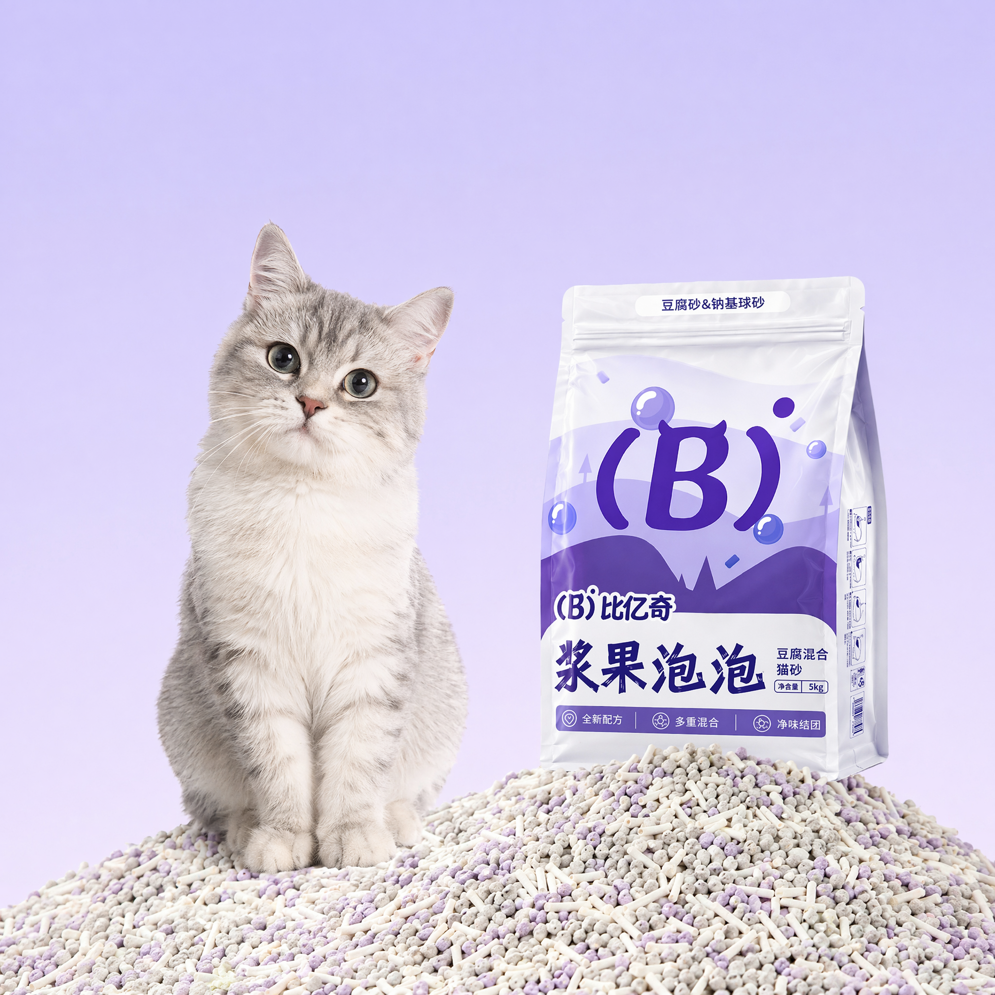 蓝色框里放一只可爱的成年猫咪，红色框里放着类似图2的猫砂小山丘，包装放在猫砂上面。