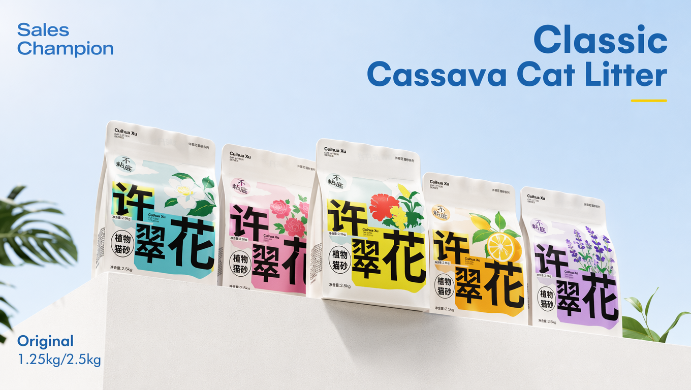 产品全家福图,展示五款袋装产品(类似图1图2的感觉), 做些设计改变,让他更符合东南亚电商的风格,简洁干净的背景,仰视角拍摄,比例16:9 ,文案:左上:Sales Champion
右上标题:Classic Cassava Cat Litter
左下:
Original
1.25kg/2.5kg