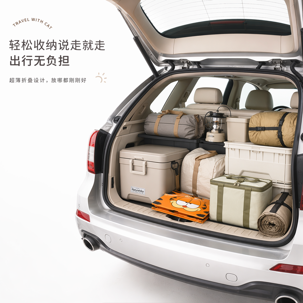 清新治愈风车载收纳场景图,画面以白色底色为背景,营造出松弛惬意的度假氛围,视觉重心靠右。画面主体为一辆银色 SUV,后备箱呈开启状态,内部浅米色内饰干净整洁,整齐的放满了露营装备行李等,视觉重心落在中央放着一个一次性猫砂盆(折叠起来的)。给人感觉到这个一次性猫砂盆很好收纳便携。