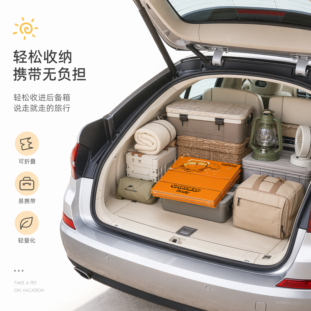 清新治愈风车载收纳场景图,画面以白色底色为背景,营造出松弛惬意的度假氛围,视觉重心靠右。画面主体为一辆银色 SUV,后备箱呈开启状态,内部浅米色内饰干净整洁,整齐的放满了露营装备行李等,视觉重心落在中央放着一个一次性猫砂盆(折叠起来的)。给人感觉到这个一次性猫砂盆很好收纳便携。