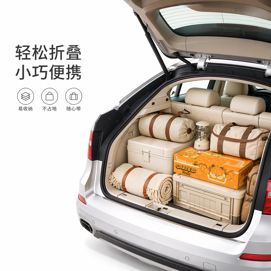 清新治愈风车载收纳场景图,画面以白色底色为背景,营造出松弛惬意的度假氛围,视觉重心靠右。画面主体为一辆银色 SUV,后备箱呈开启状态,内部浅米色内饰干净整洁,图一为一次性猫砂盆折叠起来的形态,不能改变图一的图案设计等。视觉重心落在把图一放入整齐放满露营装备行李的后备箱里,表达出该产品好收纳便携的卖点,画面靠右。