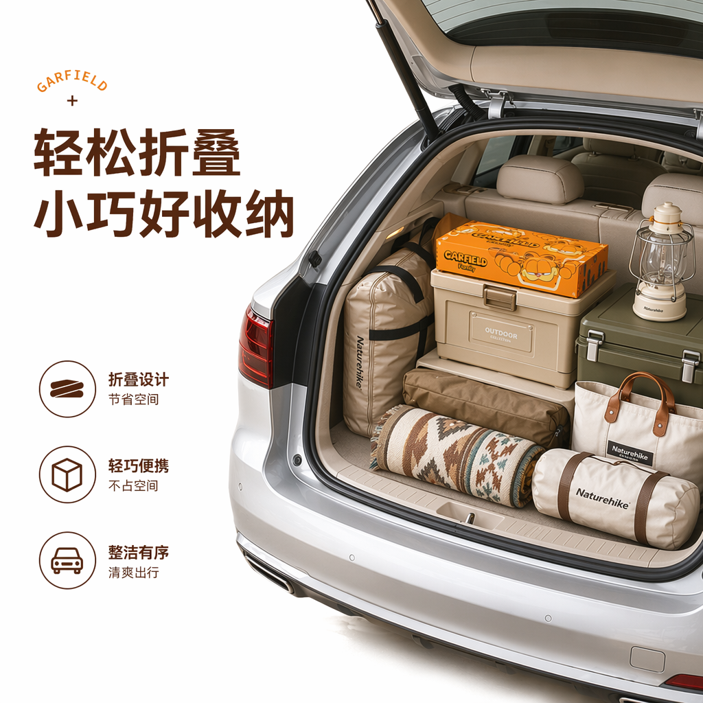 清新治愈风车载收纳场景图,画面以白色底色为背景,营造出松弛惬意的度假氛围,视觉重心靠右。画面主体为一辆银色 SUV,后备箱呈开启状态,内部浅米色内饰干净整洁,图一为一次性猫砂盆折叠起来的形态,不能改变图一的图案设计等。视觉重心落在把图一放入整齐放满露营装备行李的后备箱里,表达出该产品好收纳便携的卖点,画面靠右。