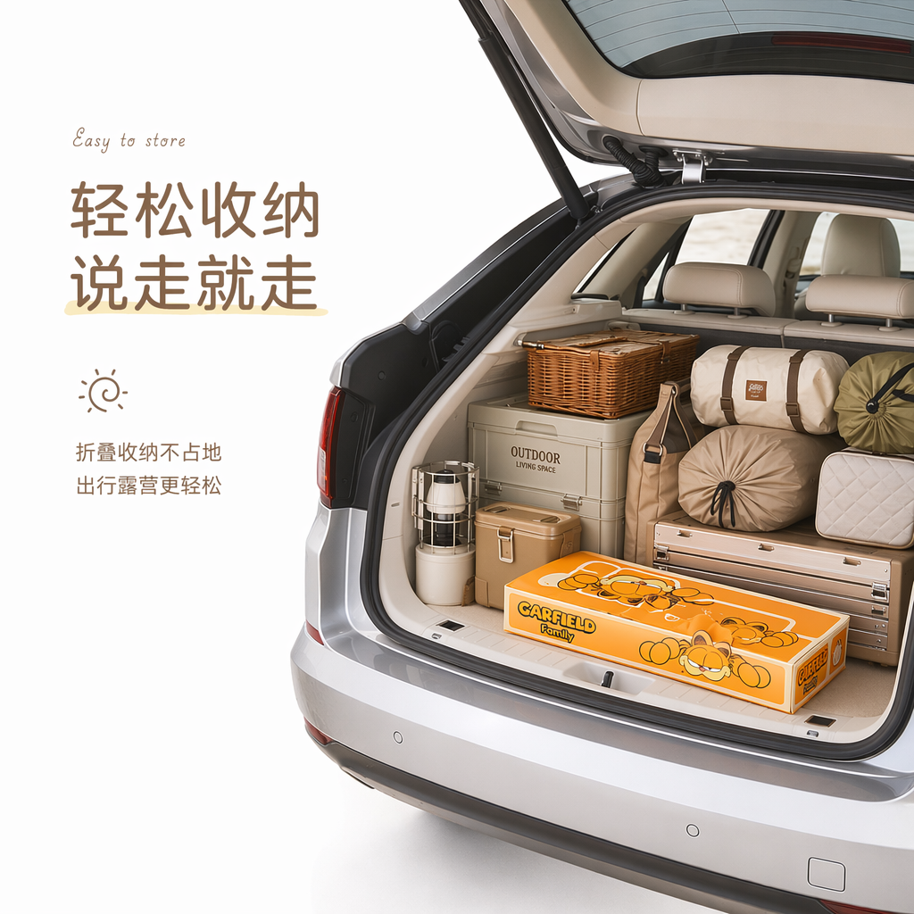 清新治愈风车载收纳场景图,画面以白色底色为背景,营造出松弛惬意的度假氛围,视觉重心靠右。画面主体为一辆银色 SUV,后备箱呈开启状态,内部浅米色内饰干净整洁,图一为一次性猫砂盆折叠起来的形态,不能改变图一的图案设计等。视觉重心落在把图一放入整齐放满露营装备行李的后备箱里,表达出该产品好收纳便携的卖点,画面靠右。