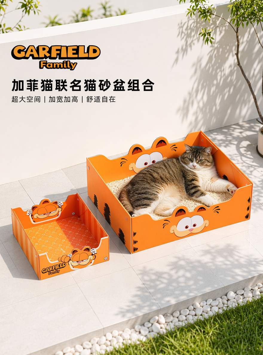 干净简约加菲猫联名猫砂盆组合展示图，浅色白色户外场景，放两款猫砂盆（图二图三），其中大猫砂盆内（图三），有一只比较大比较胖的猫躺在布满奶白色混合猫砂内，主要展现出猫砂盆大并且高的特性