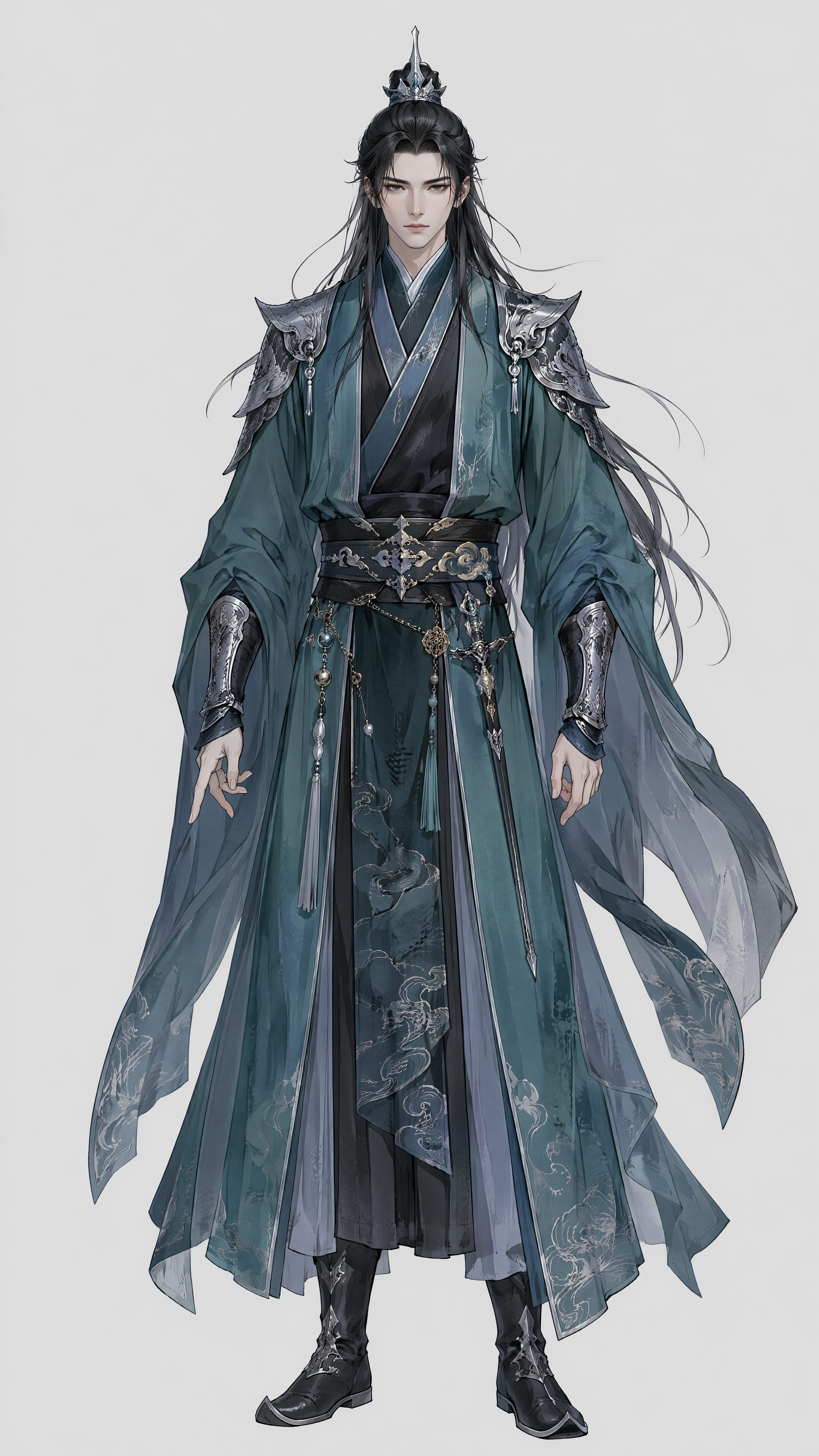 Chinese 2D hand-painted character design sheet, full body front view of a cyan-robed sword cultivator, clean solid light gray background, centered composition, complete body visible from head to toe, young male cultivator, tall and slender figure, balanced proportions, long black hair half-tied and half-loose, simple hair crown, sharp eyebrows, calm cold eyes, solemn and aloof expression.

Wearing layered ancient Chinese robes in dark cyan, ink green and blue-gray tones, black fitted inner garment, flowing outer robe, natural hanging robe hem, black wide waist belt decorated with subtle golden cloud patterns and sword motifs, lightweight dark silver armor on shoulders and forearms, engraved with delicate rune details, wide sleeves, clear fabric folds, silver-gray embroidery along robe edges, black ancient boots fully visible.

Hands naturally lowered, right hand slightly forming a sword gesture, stable standing pose, balanced center of gravity. No complex background, no battle scene, no environment elements, character reference only. Chinese fantasy cultivation style, realistic lighting, ink wash texture, highly detailed cel-shaded linework, low saturation cold color palette, detailed face, intricate costume texture, oriental sword cultivator design, character reference sheet, full body front view, clean solid background, concept art, ultra detailed, high quality.

Negative Prompt：
不要复杂背景，不要山峰，不要云海，不要战斗场景，不要飞剑阵列，不要巨大灵剑，不要法阵遮挡身体，不要多人物，不要妖兽，不要现代建筑，不要科幻机甲，不要西式盔甲，不要枪械，不要棍棒，不要火焰爆炸，不要烟火火星，不要强烈粒子污染，不要过度发光遮挡服装细节，不要3D渲染感，不要廉价塑料材质，不要Q版卡通，不要大头比例，不要身体比例失调，不要手指畸形，不要手部错误，不要姿势扭曲，不要脚被裁切，不要半身像，不要背面，不要侧面，不要低画质，不要模糊线条，不要水印，不要文字，logo。