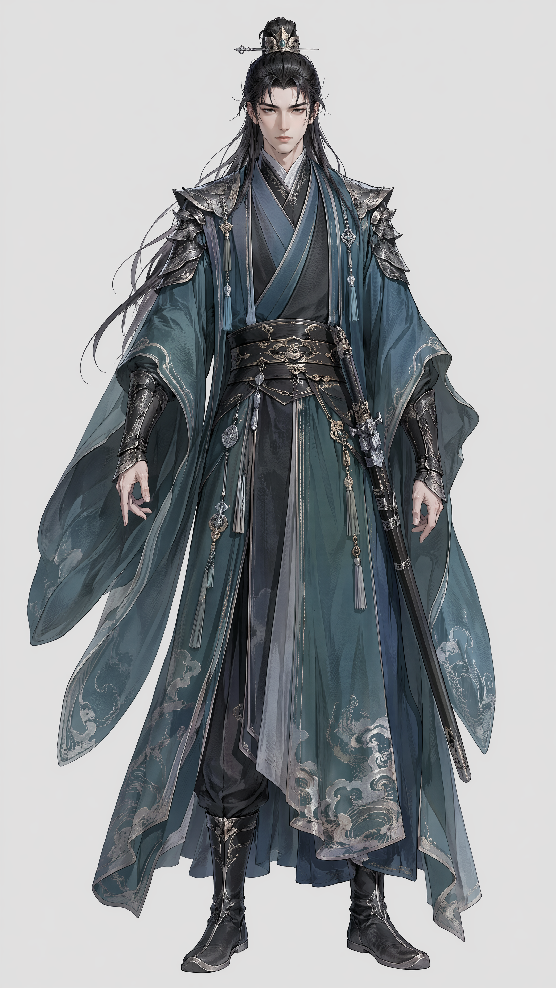 Chinese 2D hand-painted character design sheet, full body front view of a cyan-robed sword cultivator, clean solid light gray background, centered composition, complete body visible from head to toe, young male cultivator, tall and slender figure, balanced proportions, long black hair half-tied and half-loose, simple hair crown, sharp eyebrows, calm cold eyes, solemn and aloof expression.

Wearing layered ancient Chinese robes in dark cyan, ink green and blue-gray tones, black fitted inner garment, flowing outer robe, natural hanging robe hem, black wide waist belt decorated with subtle golden cloud patterns and sword motifs, lightweight dark silver armor on shoulders and forearms, engraved with delicate rune details, wide sleeves, clear fabric folds, silver-gray embroidery along robe edges, black ancient boots fully visible.

Hands naturally lowered, right hand slightly forming a sword gesture, stable standing pose, balanced center of gravity. No complex background, no battle scene, no environment elements, character reference only. Chinese fantasy cultivation style, realistic lighting, ink wash texture, highly detailed cel-shaded linework, low saturation cold color palette, detailed face, intricate costume texture, oriental sword cultivator design, character reference sheet, full body front view, clean solid background, concept art, ultra detailed, high quality.

Negative Prompt：
不要复杂背景，不要山峰，不要云海，不要战斗场景，不要飞剑阵列，不要巨大灵剑，不要法阵遮挡身体，不要多人物，不要妖兽，不要现代建筑，不要科幻机甲，不要西式盔甲，不要枪械，不要棍棒，不要火焰爆炸，不要烟火火星，不要强烈粒子污染，不要过度发光遮挡服装细节，不要3D渲染感，不要廉价塑料材质，不要Q版卡通，不要大头比例，不要身体比例失调，不要手指畸形，不要手部错误，不要姿势扭曲，不要脚被裁切，不要半身像，不要背面，不要侧面，不要低画质，不要模糊线条，不要水印，不要文字，logo。