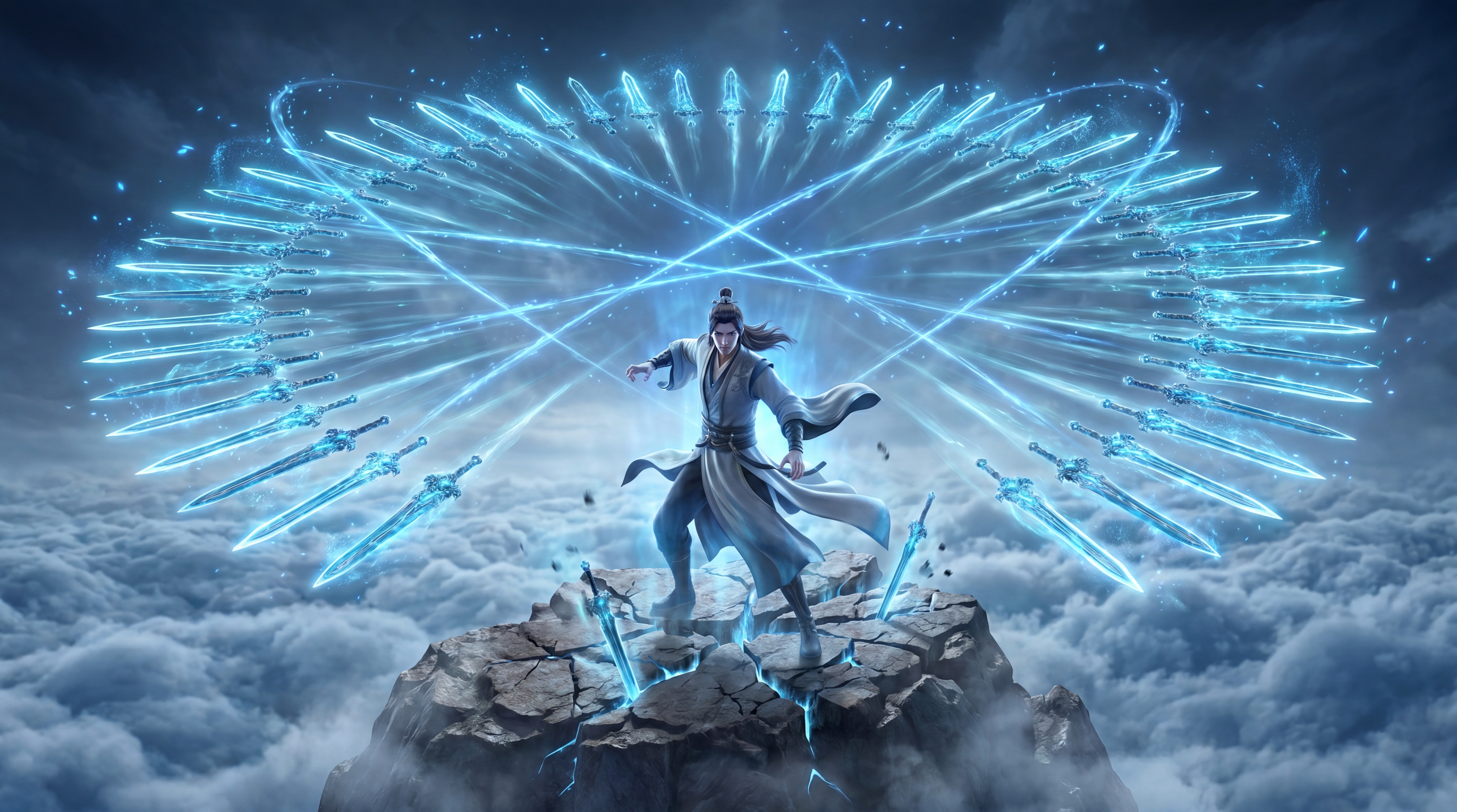 realistic Chinese cultivation 3D sword formation effects, a cultivator standing above a sea of clouds, hundreds of flying swords floating behind him forming a circular sword array, cyan and blue sword aura crossing through the air, high-speed rotating swords creating light trails, cold glowing sword edges, spiritual energy particles flowing around the sword formation, ground cracked by sword energy, mist scattered by sword pressure, strong blue magical light illuminating the character, cinematic composition, dynamic battle pose, volumetric fog, particle effects, hyper realistic CG, 8K, high-end 3D animation render.
负面：
low quality, blurry, anime, cartoon, chibi, cheap web game style, plastic texture, deformed body, bad hands, extra fingers, distorted face, clipping clothes, messy magic circle, cheap effects, excessive light pollution, dirty colors, overexposed, noise, text, watermark, logo, modern buildings, mecha, cyberpunk.