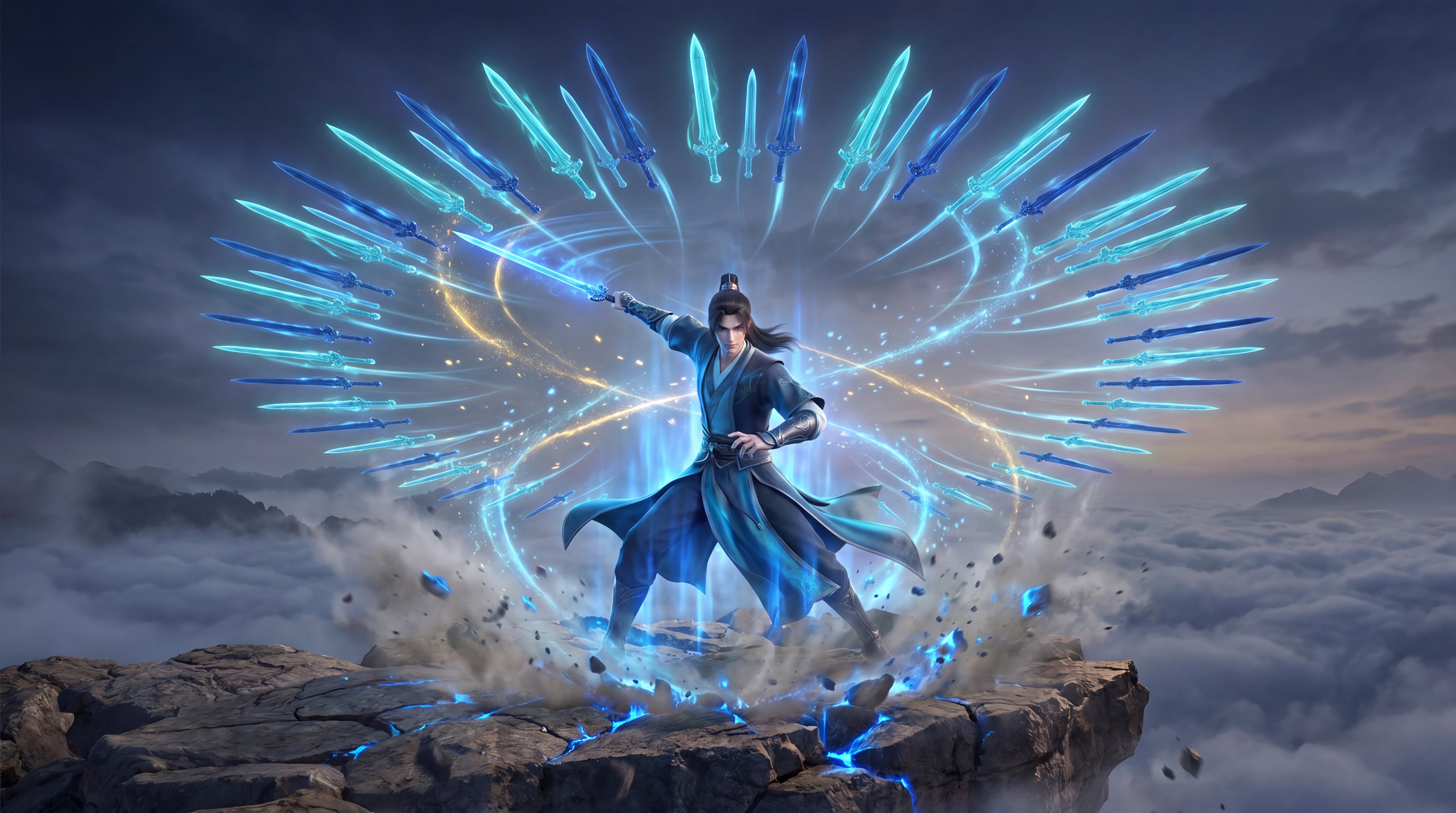 realistic Chinese cultivation 3D sword formation effects, a cultivator standing above a sea of clouds, hundreds of flying swords floating behind him forming a circular sword array, cyan and blue sword aura crossing through the air, high-speed rotating swords creating light trails, cold glowing sword edges, spiritual energy particles flowing around the sword formation, ground cracked by sword energy, mist scattered by sword pressure, strong blue magical light illuminating the character, cinematic composition, dynamic battle pose, volumetric fog, particle effects, hyper realistic CG, 8K, high-end 3D animation render.
负面：
low quality, blurry, anime, cartoon, chibi, cheap web game style, plastic texture, deformed body, bad hands, extra fingers, distorted face, clipping clothes, messy magic circle, cheap effects, excessive light pollution, dirty colors, overexposed, noise, text, watermark, logo, modern buildings, mecha, cyberpunk.