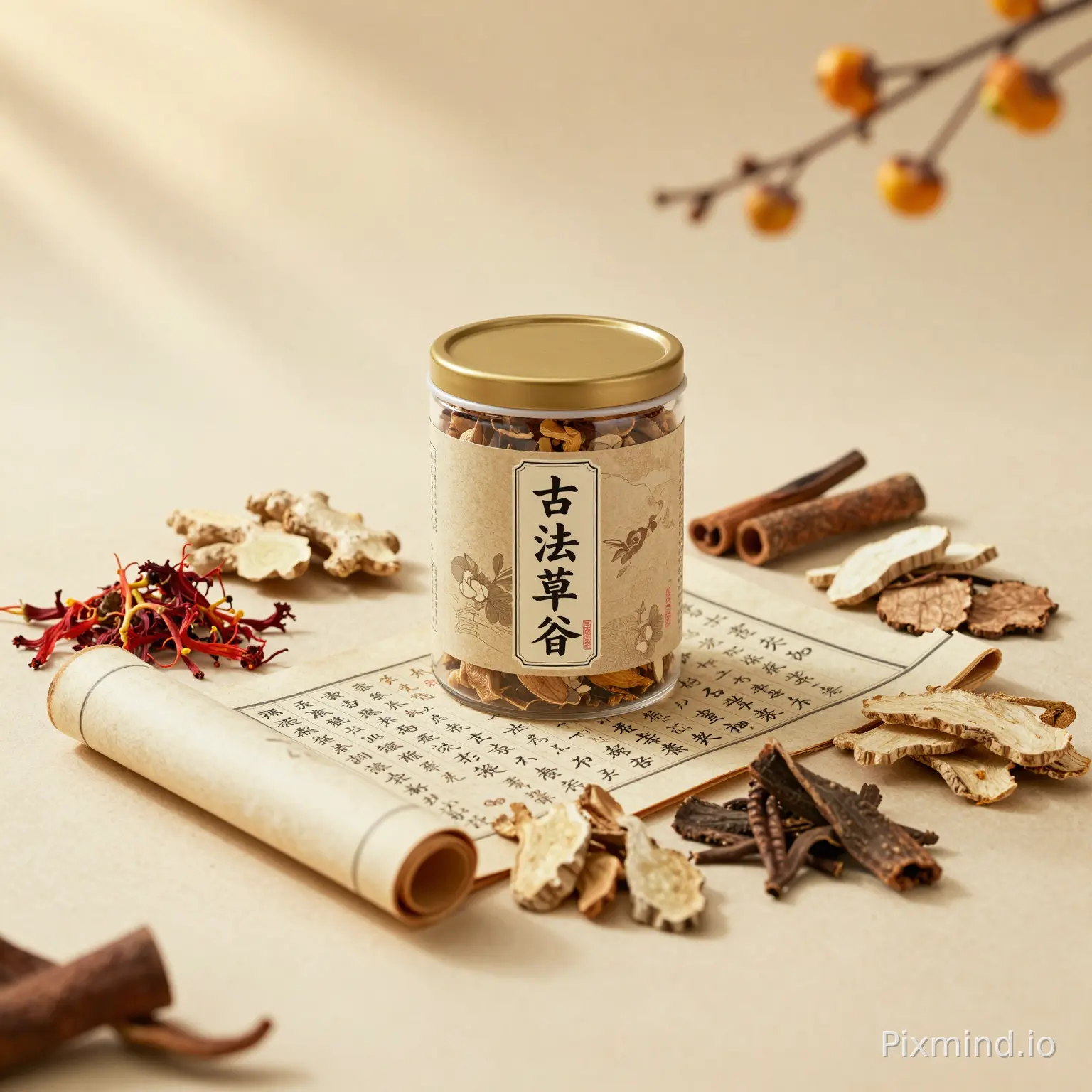 生成图片:## 整体风格
新中式国风养生产品竖版海报,**复古做旧宣纸米黄底色**,浅暗纹古籍书法暗印底纹,暖调柔光自然光氛围,中式养生古朴温润质感,暖棕+米白+赭石为主色调,低饱和复古配色,传统中医药雅致氛围感,竖版9:16电商详情海报构图。
## 画面上部
右上角虚化暖橙色腊梅枝零星小果子做远景虚化装饰。
## 画面中部主体(视觉C位)
1. **产品主体**:中间摆放着参考图中的产品
2. **环绕中药材实景**:参考图中的产品四周散落各类原生态中药材实物——红花、干姜、桂枝、三七、大血藤、香加皮、各类草本原材,原料摆放错落自然,真实肌理,写实食材质感;
3. 横放一卷仿古书法宣纸卷轴,卷轴纸面印有黑色毛笔大字,横向横贯画面中下区域,增加国风书卷气息。
## 光影与氛围
侧方柔和暖金色漫射自然光,轻微丁达尔柔光效果,前景清晰、背景浅虚化景深,整体暖调温润,中式养生、古法草本、三伏养生夏治的治愈古朴氛围感,无多余杂物,画面干净聚焦产品。
古法中医药氛围感,写实产品静物摄影,高清商业产品海报,虚化中药材远景装饰,9:16