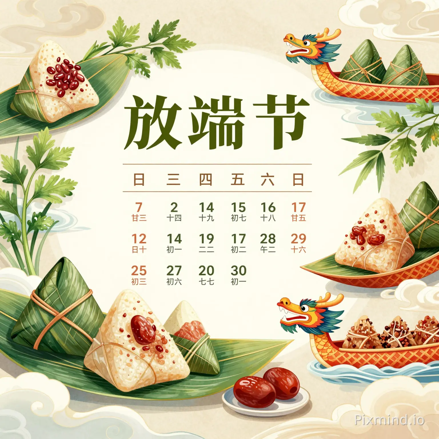 一张以端午节放假通知为主题的创意海报设计。画面中心留白,供文字排版,四周环绕着丰富的端午节传统元素:精致的粽子(以红豆粽、鲜肉粽和蜜枣粽样式呈现,叶脉清晰可见),线条流畅、色彩鲜艳的龙舟图腾,翠绿的艾草与菖蒲叶束,以及飘逸的五彩丝线。背景是淡雅的米色宣纸质感,或丝绸般的光泽,上方和侧方点缀着抽象的祥云纹样或波浪纹,营造出宁静而又节日气氛浓厚的氛围。整体风格为新中式扁平插画(New Chinese flat illustration),融合了中国传统工笔画的精细与水墨画的飘逸意境,同时具有现代平面设计的简洁与视觉冲击力。线条流畅细腻,色彩运用大胆而和谐,具有国潮美学。光照:柔和而均匀的散射光,营造出明亮且温馨的节日氛围,高光与阴影细节分明但不失柔和。色彩:以中国红、翡翠绿、帝王黄、古铜棕和洁白色为主色调,辅以少量靛蓝色点缀,色彩饱和度适中,层次丰富,整体画面色彩和谐且富有张力。构图:垂直构图(Vertical poster composition),重心稳固,视觉引导线清晰,确保中心文字区域的突出。元素排布疏密有致,形成优雅的环绕式布局。细节:高度精细的纹理(如粽叶的脉络、龙舟的雕刻细节、丝线的飘动感),细腻的笔触感,边缘清晰。杰作,最佳品质,超高分辨率,8K,细节丰富,电影级渲染,艺术性,精美绝伦,视觉震撼,精确细节。