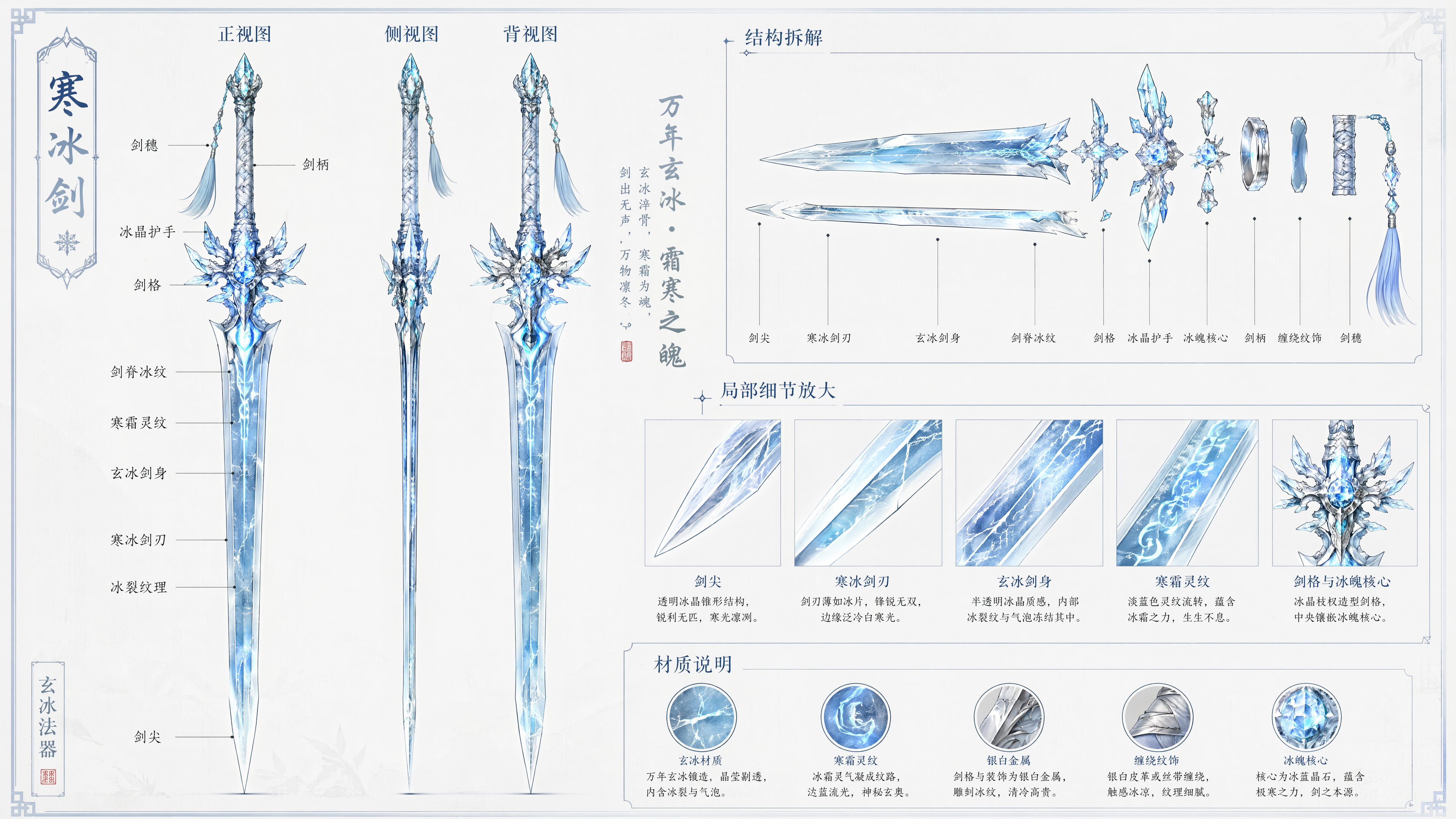 寒冰剑设定排版图,纯武器概念设定图,无人物,无生物,东方玄幻仙侠风,白色或浅灰色干净背景,一柄“寒冰剑”作为核心展示,整体造型修长锋利、清冷圣洁、冰寒凌厉,剑身呈冰蓝色半透明晶体质感与银白金属质感结合,锋刃带冷白高光,剑脊流动淡蓝色寒霜灵纹,剑身内部可见细密冰裂纹与冻结气泡,局部如寒气流光在剑体内缓慢游走,整体气质如万年玄冰锻造,纯净、肃杀、神秘。
设定排版包含正视图、侧视图、背视图、结构拆解图、局部细节放大图,整齐网格排版,留白充足,带中文文字标注,标注线干净简洁,文字清晰可读。标注内容包括“剑尖”“寒冰剑刃”“玄冰剑身”“冰裂纹理”“寒霜灵纹”“剑脊冰纹”“寒气流光”“剑格”“冰晶护手”“剑柄”“缠绕纹饰”“冰魄核心”“剑穗”“材质说明”“结构拆解”。
剑尖细长锐利,呈透明冰晶般的尖锥结构;剑刃薄而锋利,边缘泛冷白蓝色寒光;剑身中央有淡蓝色半透明能量脉络,如冰霜灵气缓慢流动;剑格设计为对称冰晶枝杈形态,清冷而华丽;剑柄缠绕银白色皮革或淡蓝色丝带,尾端带冰蓝色剑穗与少量寒雾飘散;局部装饰可加入白银镶边、冰晶碎片、蓝宝石核心,材质层次丰富但不过度复杂。
整体画面为国风2D手绘武器概念设定,工业设计图式构图,结构比例准确,线稿干净,细节精致,低饱和冰蓝、银白、冷灰配色,少量淡蓝灵光点缀,清冷、圣洁、锋利、古朴、神秘,东方仙侠法器设定感,weapon concept sheet,prop design sheet,fantasy ice sword design,orthographic view,detail callout,exploded view,turnaround sheet,Chinese annotations,readable text labels,clean layout,ultra detailed,high quality,masterpiece。
负向提示词:
人物,手持武器,战斗场景,动物,冰龙,血腥画面,大量火焰,背景复杂,建筑,山水背景,文字乱码,英文大段文字,水印,logo,低清晰度,模糊,噪点,过曝,过度发光,色彩过艳,结构混乱,比例错误,剑身变形,多个主剑重叠,缺少留白,排版杂乱,卡通风,低质量,粗糙线稿,塑料质感。
参数建议:
比例:16:9 或 4:3
风格:国风仙侠武器设定 / 2D概念设计 / 设定排版图
背景:白色或浅灰色干净背景
核心元素:冰蓝透明剑身、玄冰材质、冰裂纹、寒霜灵纹、冰魄核心、中文标注
重点要求:纯武器、无人物、带设定标注、正侧背视图与细节放大图