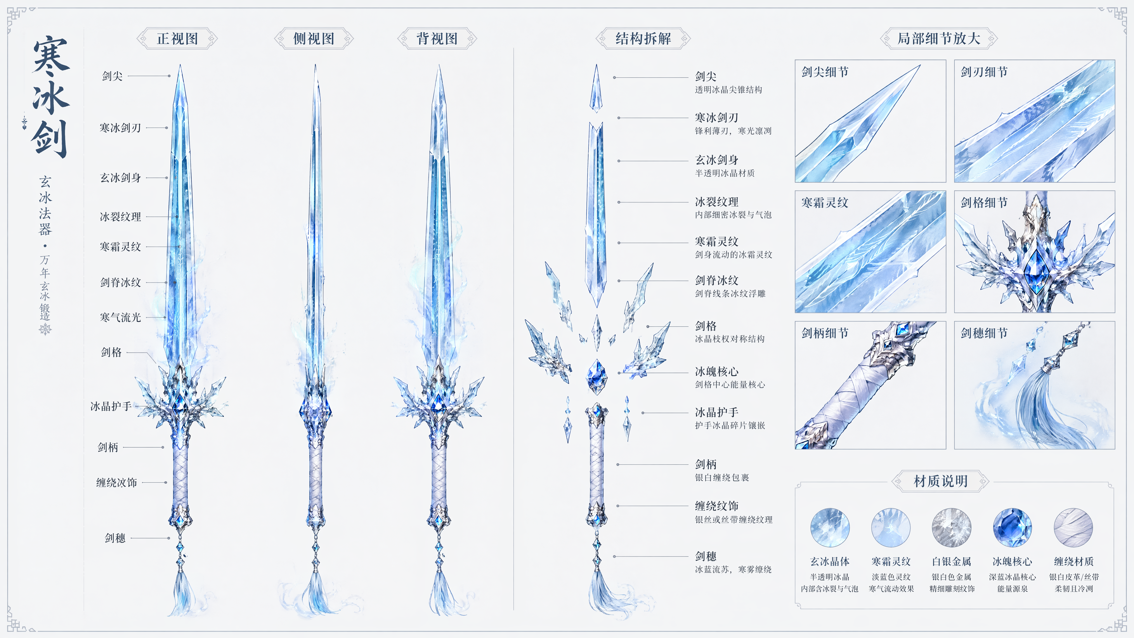 寒冰剑设定排版图,纯武器概念设定图,无人物,无生物,东方玄幻仙侠风,白色或浅灰色干净背景,一柄“寒冰剑”作为核心展示,整体造型修长锋利、清冷圣洁、冰寒凌厉,剑身呈冰蓝色半透明晶体质感与银白金属质感结合,锋刃带冷白高光,剑脊流动淡蓝色寒霜灵纹,剑身内部可见细密冰裂纹与冻结气泡,局部如寒气流光在剑体内缓慢游走,整体气质如万年玄冰锻造,纯净、肃杀、神秘。
设定排版包含正视图、侧视图、背视图、结构拆解图、局部细节放大图,整齐网格排版,留白充足,带中文文字标注,标注线干净简洁,文字清晰可读。标注内容包括“剑尖”“寒冰剑刃”“玄冰剑身”“冰裂纹理”“寒霜灵纹”“剑脊冰纹”“寒气流光”“剑格”“冰晶护手”“剑柄”“缠绕纹饰”“冰魄核心”“剑穗”“材质说明”“结构拆解”。
剑尖细长锐利,呈透明冰晶般的尖锥结构;剑刃薄而锋利,边缘泛冷白蓝色寒光;剑身中央有淡蓝色半透明能量脉络,如冰霜灵气缓慢流动;剑格设计为对称冰晶枝杈形态,清冷而华丽;剑柄缠绕银白色皮革或淡蓝色丝带,尾端带冰蓝色剑穗与少量寒雾飘散;局部装饰可加入白银镶边、冰晶碎片、蓝宝石核心,材质层次丰富但不过度复杂。
整体画面为国风2D手绘武器概念设定,工业设计图式构图,结构比例准确,线稿干净,细节精致,低饱和冰蓝、银白、冷灰配色,少量淡蓝灵光点缀,清冷、圣洁、锋利、古朴、神秘,东方仙侠法器设定感,weapon concept sheet,prop design sheet,fantasy ice sword design,orthographic view,detail callout,exploded view,turnaround sheet,Chinese annotations,readable text labels,clean layout,ultra detailed,high quality,masterpiece。
负向提示词:
人物,手持武器,战斗场景,动物,冰龙,血腥画面,大量火焰,背景复杂,建筑,山水背景,文字乱码,英文大段文字,水印,logo,低清晰度,模糊,噪点,过曝,过度发光,色彩过艳,结构混乱,比例错误,剑身变形,多个主剑重叠,缺少留白,排版杂乱,卡通风,低质量,粗糙线稿,塑料质感。
参数建议:
比例:16:9 或 4:3
风格:国风仙侠武器设定 / 2D概念设计 / 设定排版图
背景:白色或浅灰色干净背景
核心元素:冰蓝透明剑身、玄冰材质、冰裂纹、寒霜灵纹、冰魄核心、中文标注
重点要求:纯武器、无人物、带设定标注、正侧背视图与细节放大图