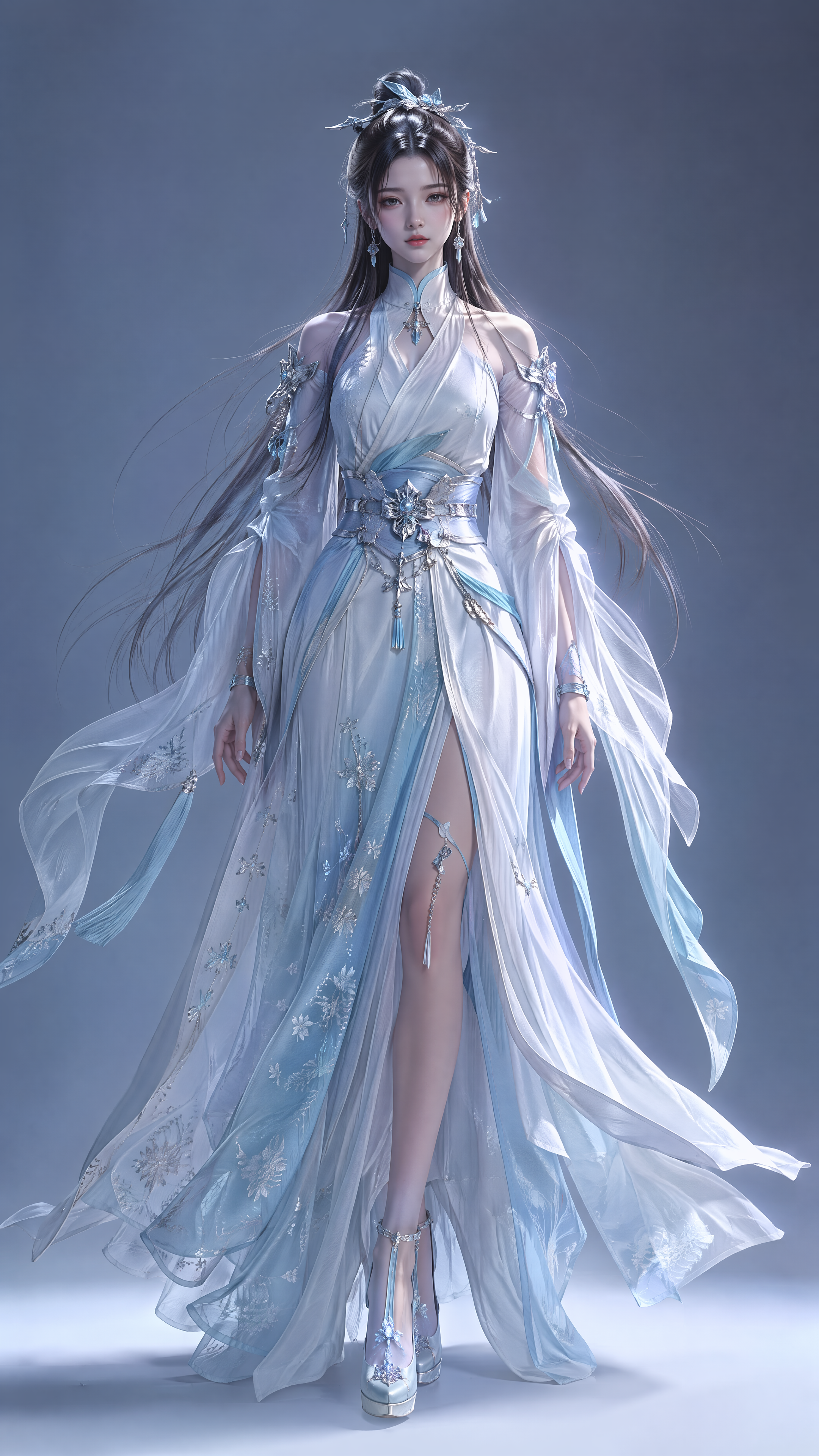 永劫无间(Naraka: Bladepoint)的女性英雄顾清寒(Gu Qinghan)的全身肖像。她身着标志性的冰蓝色与银白色相间的精致服饰,衣袂飘飘,华丽而不失飘逸,展现东方古典韵味。她的发丝如瀑,精致的发簪点缀其间,面容清冷绝美,眼神深邃而略带忧郁,双唇微抿。她以全身正面站立姿态示人,双手自然垂于身体两侧,指尖修长,姿态优雅而沉静,无任何武器。极致的超写实CG风格,如同电影级别的高端游戏引擎渲染,追求照片级的真实感和细节还原。极简的纯色背景,柔和的冰蓝色或沉静的深灰色,以突出人物主体。采用精准的工作室打光和柔和漫射光,营造出电影级别的高光与阴影对比,凸显人物轮廓和立体感。整体色调以冰蓝色、银白与冷灰色为主,色彩饱和度适中,营造清冷高雅的氛围。经典的全身肖像构图,人物居中,超高分辨率,8K,极致细节,包括皮肤纹理、毛发、服装材质的微观结构和金属反光,杰作,最佳质量,专业艺术摄影。
