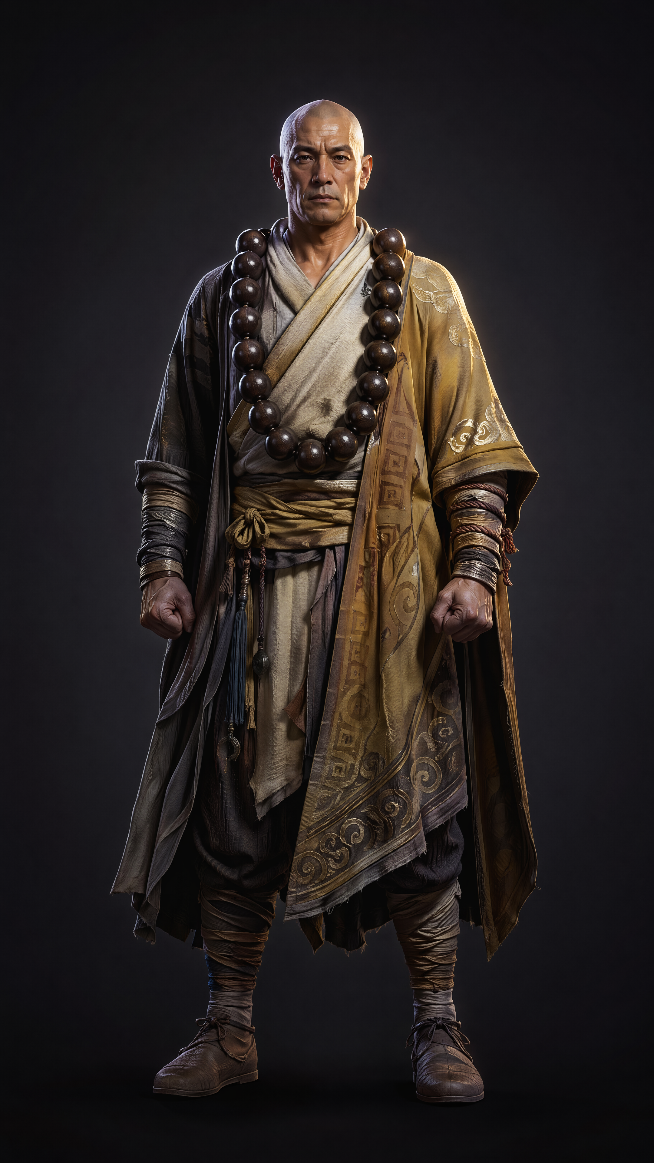 《永劫无间》英雄天海,正面全身像,无任何武器,经典居中构图,人物站姿稳定庄严,目光坚毅深邃,表情沉静威严,光头在柔和光线下微泛光泽,面部细致刻画岁月痕迹、皱纹、皮肤纹理、毛孔与微妙瑕疵,宽阔肩膀,强壮肌肉线条,身着标志性僧侣服饰,厚重布料自然垂坠,衣褶真实,织物纹理清晰,服饰边缘细节精致,胸前巨大佛珠,佛珠材质厚重,木质或玉石质感强烈,表面磨损与高光真实,整体气质庄严、沉稳、威武、禅意。
背景为极简主义纯色背景,色彩饱和度适中,均匀深邃,无任何干扰元素,完美衬托主体。极致超写实CG风格,电影级渲染,次世代游戏角色模型,PBR材质,真实皮肤着色,精细纹理贴图,高精度建模,令人难以置信的真实感与细节。
电影级三点照明,主光勾勒人物轮廓,补光柔化阴影,背光增强立体感与边缘光晕,强烈光线质感,雕塑般体积感,高光与阴影对比鲜明,HDR高动态范围,沉稳有层次的色彩,材质固有色与环境光自然交互,略带电影广角透视,适中景深,细节锐利清晰。
masterpiece, best quality, ultra high resolution, epic details, cinematic visual effect, ultra realistic, hyper realistic CG, next-gen game character, cinematic rendering, PBR materials, detailed skin texture, intricate details, sharp focus, flawless, full body portrait, front view, no weapon, 9:16
负向提示词:
武器,刀,剑,棍,法器,手持物品,背景杂物,复杂背景,文字,水印,logo,低清晰度,模糊,噪点,过曝,欠曝,畸形身体,错误比例,多余手指,缺失手指,手部崩坏,脸部变形,眼睛错位,表情夸张,卡通风,二次元,低质量建模,塑料质感,衣服破损不合理,过度发光,过度锐化,过度磨皮,肢体截断,半身像,侧身,背面视角
参数建议:
比例:9:16
风格:超写实CG / 电影级渲染 / 次世代游戏角色
构图:正面全身像,居中构图
背景:纯色极简背景
重点:无任何武器、天海僧侣服饰、巨大佛珠、真实皮肤与布料材质