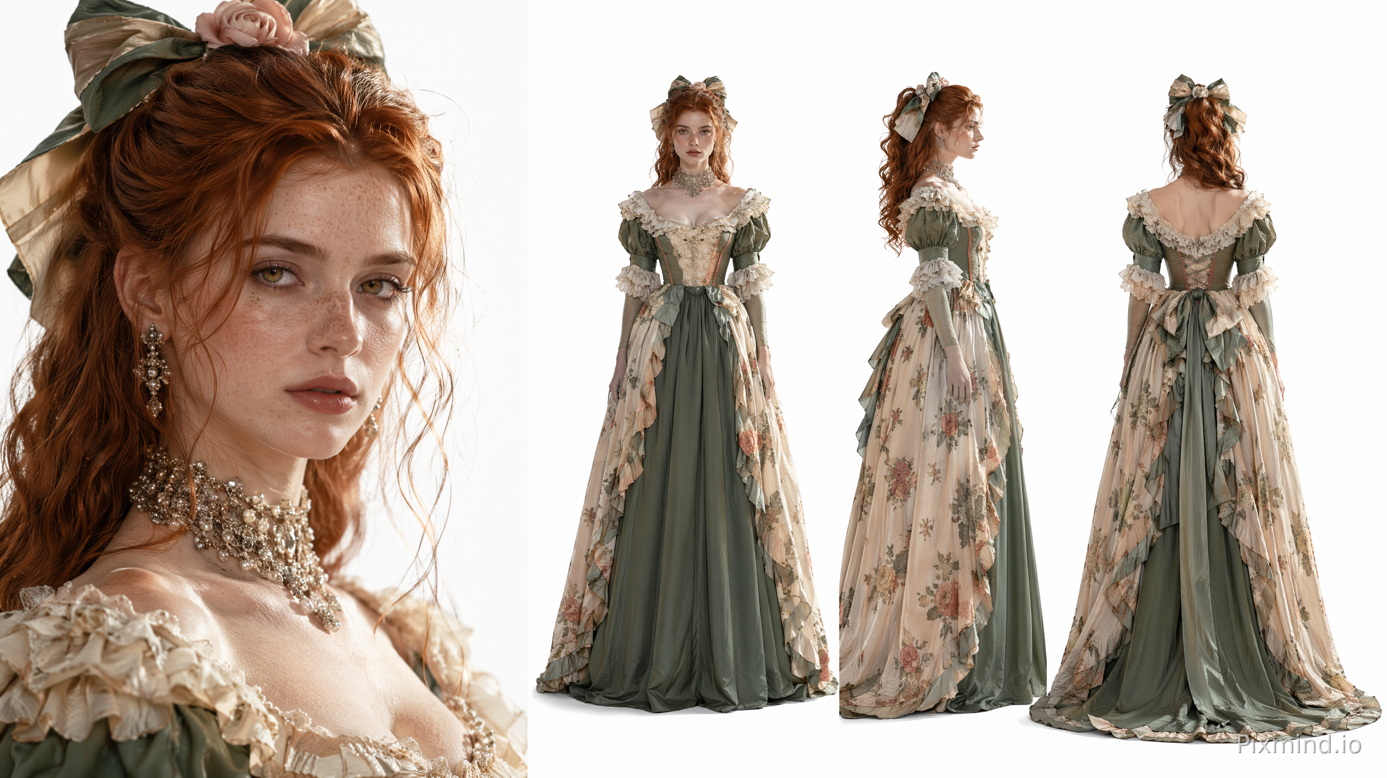 A detailed character sheet in a single 16:9 image, divided into two distinct sections. The overall artistic direction emphasizes an ultra-realistic photographic style, with cinematic quality and sharp focus, devoid of any overexposure, hand-drawn elements, line art, or watercolor effects. The background for both sections is a pure, unblemished white, completely free of shadows.
Left Section (approximately 40% of the canvas width): Features an ultra-high-definition, macro close-up portrait of a 20-year-old female, representative of a medieval European noble. Her face is slender, with exquisitely refined features that naturally convey an air of nobility. She possesses striking golden pupils, and her skin is rendered with hyper-realistic detail, including visible pores, subtle sun-kissed marks, and a delicately dry texture. Her long red hair cascades elegantly, with a few artfully loose strands framing her face. Her expression is serene and resolute, her eyes, though as gentle as jade, hold a subtle, sharp intensity. She is adorned in a historically accurate medieval noble dress, directly inspired by the intricate design and rich fabrics of the first reference image, complete with elaborate lace details, luxurious textiles, and elegant draping. The lighting is a natural cold light, creating a dramatic, cinematic effect that highlights every minute detail of her skin texture with extreme clarity.
Right Section (approximately 60% of the canvas width): Presents three separate, full-body photographs of the same female character, arranged side-by-side to form a coherent three-view display (front, side, and back). She maintains a slender yet dignified and upright posture, with her hands gracefully resting at her sides. Each view meticulously captures her wearing the identical elaborate medieval noble dress, referencing the first image. The front view distinctly showcases her delicate facial features and the elaborate intricacies of her gown. Her consistent, elegantly styled red hair is prominently displayed across all views. The side view perfectly accentuates her slender silhouette. The back view is dedicated to revealing the ornate details and extended train of her dress. All three images are rendered with high definition, sharp clarity, and a genuine photographic texture, set against the same pure white, shadowless background. The figure's proportion is inspired by the second reference image.