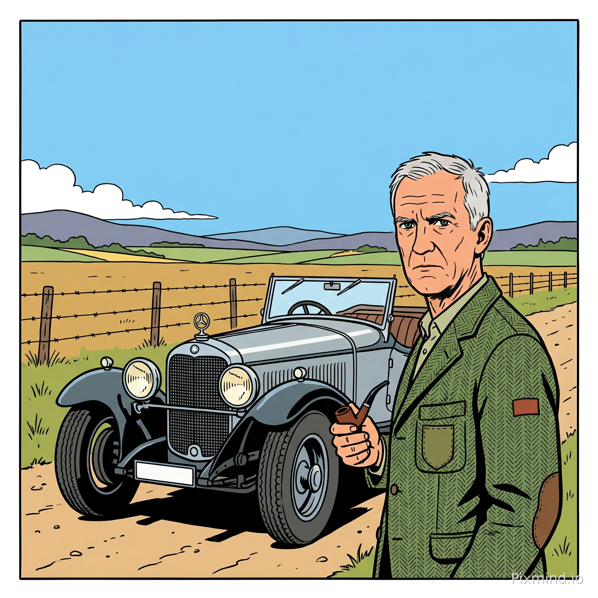 use the face of the image as a person in a tweed jacket and standing in front of an 1930 open mercedes on a road in an open landcape with fields surrounded by barbed wire. Do this in a style that resembles the art style of Tintin. Include features typical of the Tintin comics, such as bold outlines, vibrant colors, and exaggerated facial expressions.